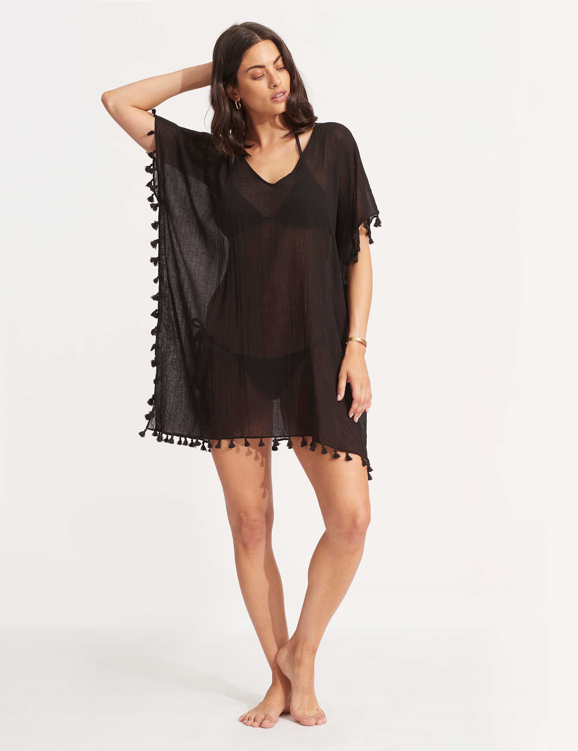 Seafolly Women's Amnesia Pure Cotton Tassel Beach Cover Up Kaftan - Black, Black,Navy,White