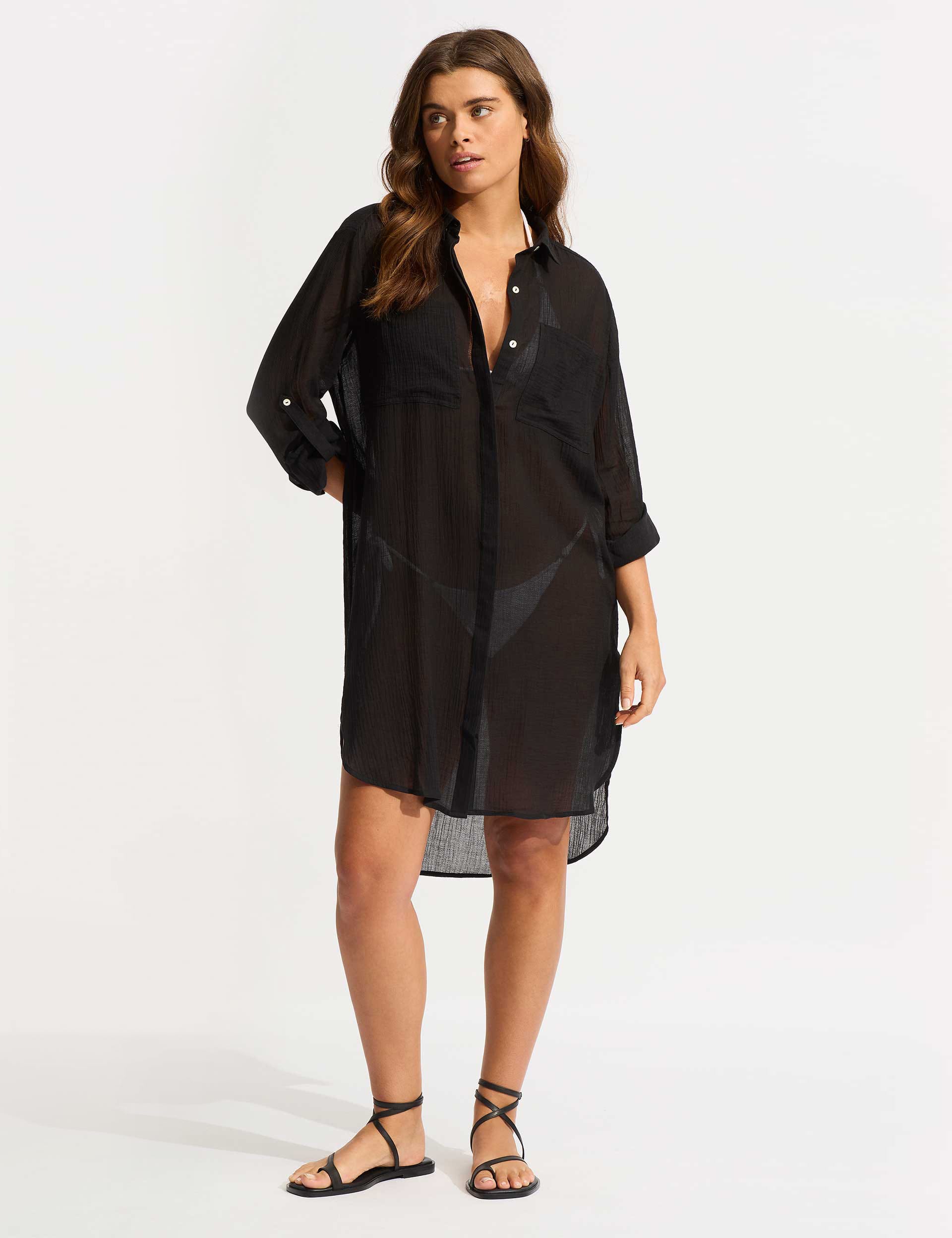 Seafolly Women's Pure Cotton Beach Cover Up Shirt - L - Black, Black,Navy,White