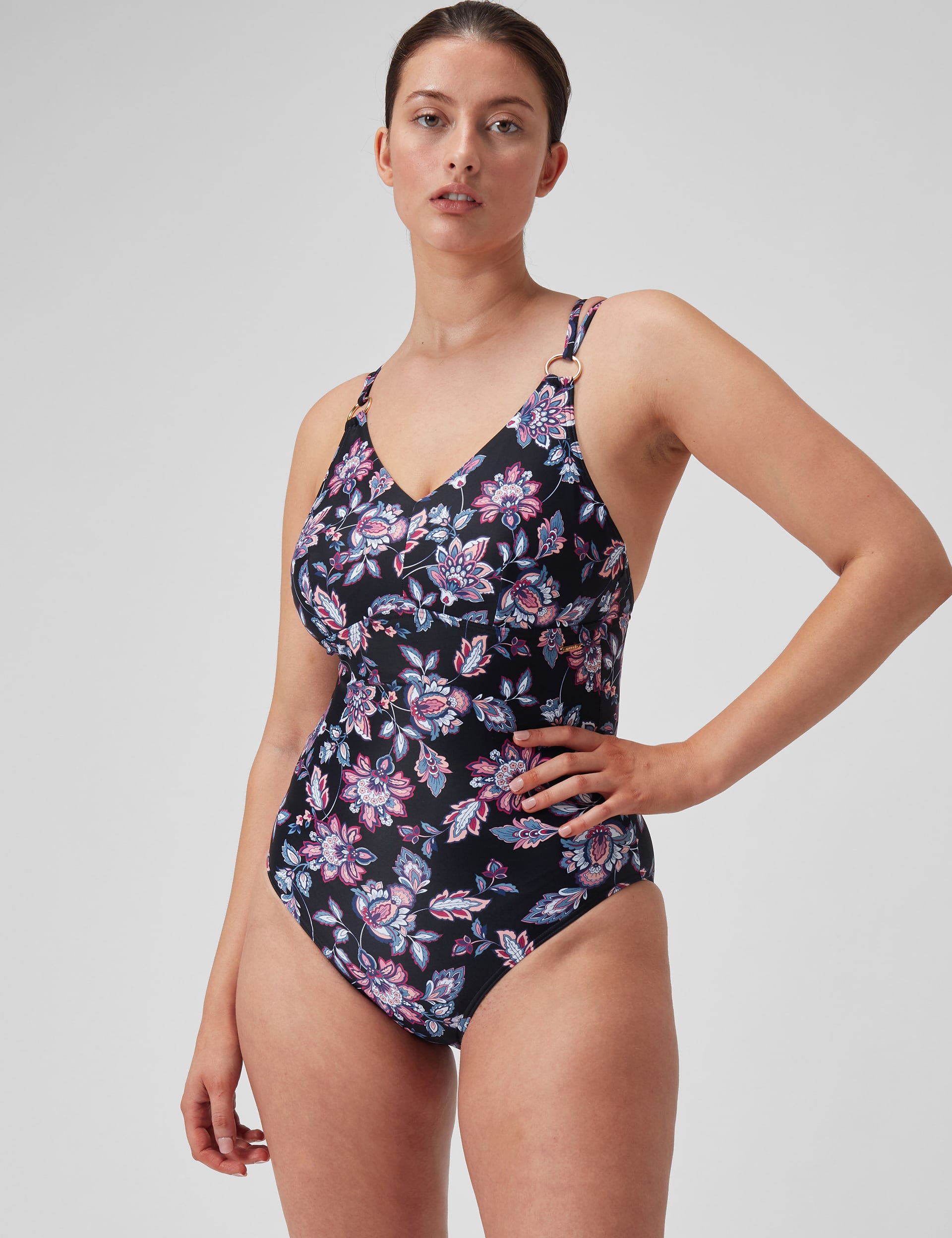 Speedo Women's Tummy Control Floral Padded V-Neck Swimsuit - 14 - Black Mix, Black Mix