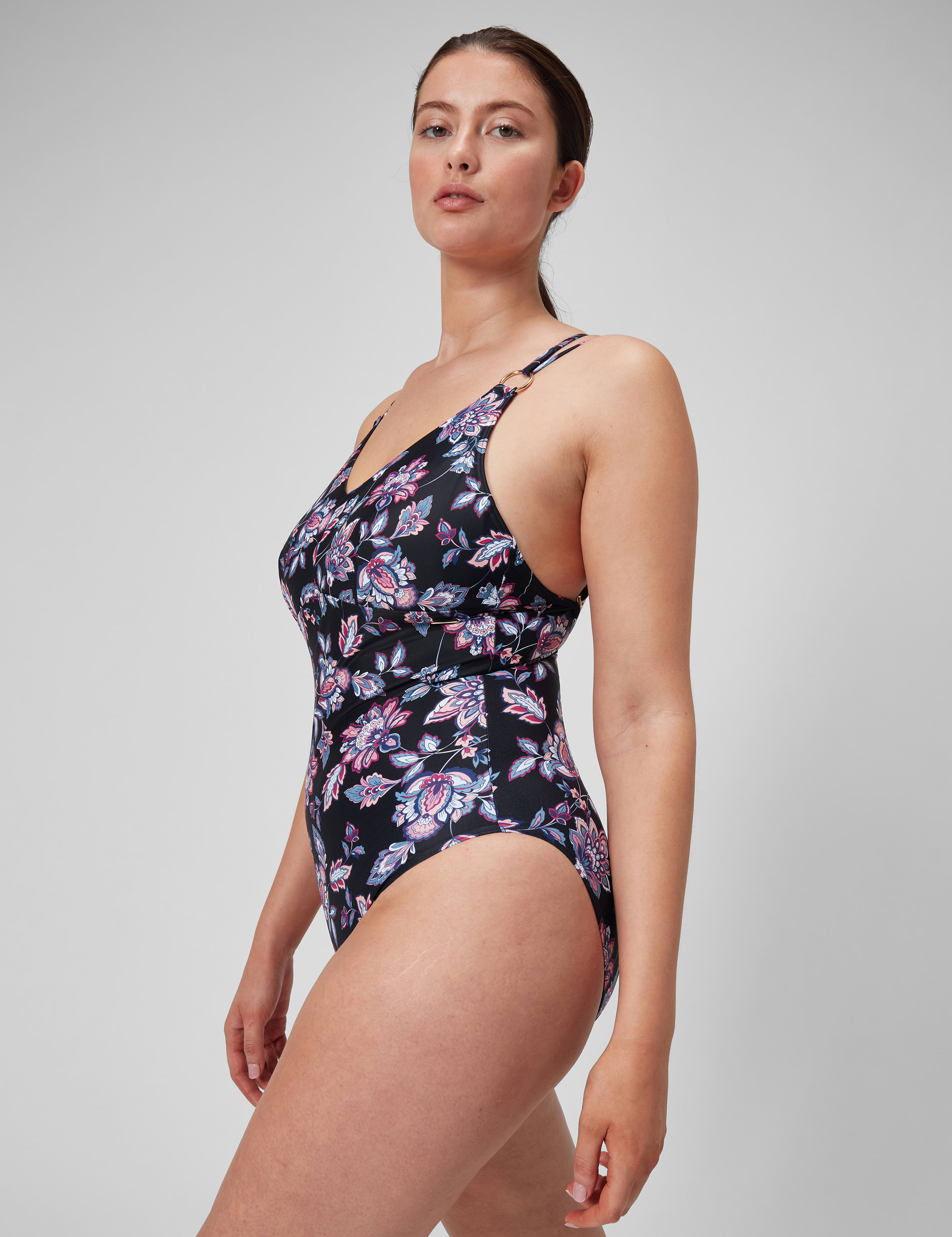 Speedo Women's Tummy Control Floral Padded V-Neck Swimsuit - 14 - Black Mix, Black Mix