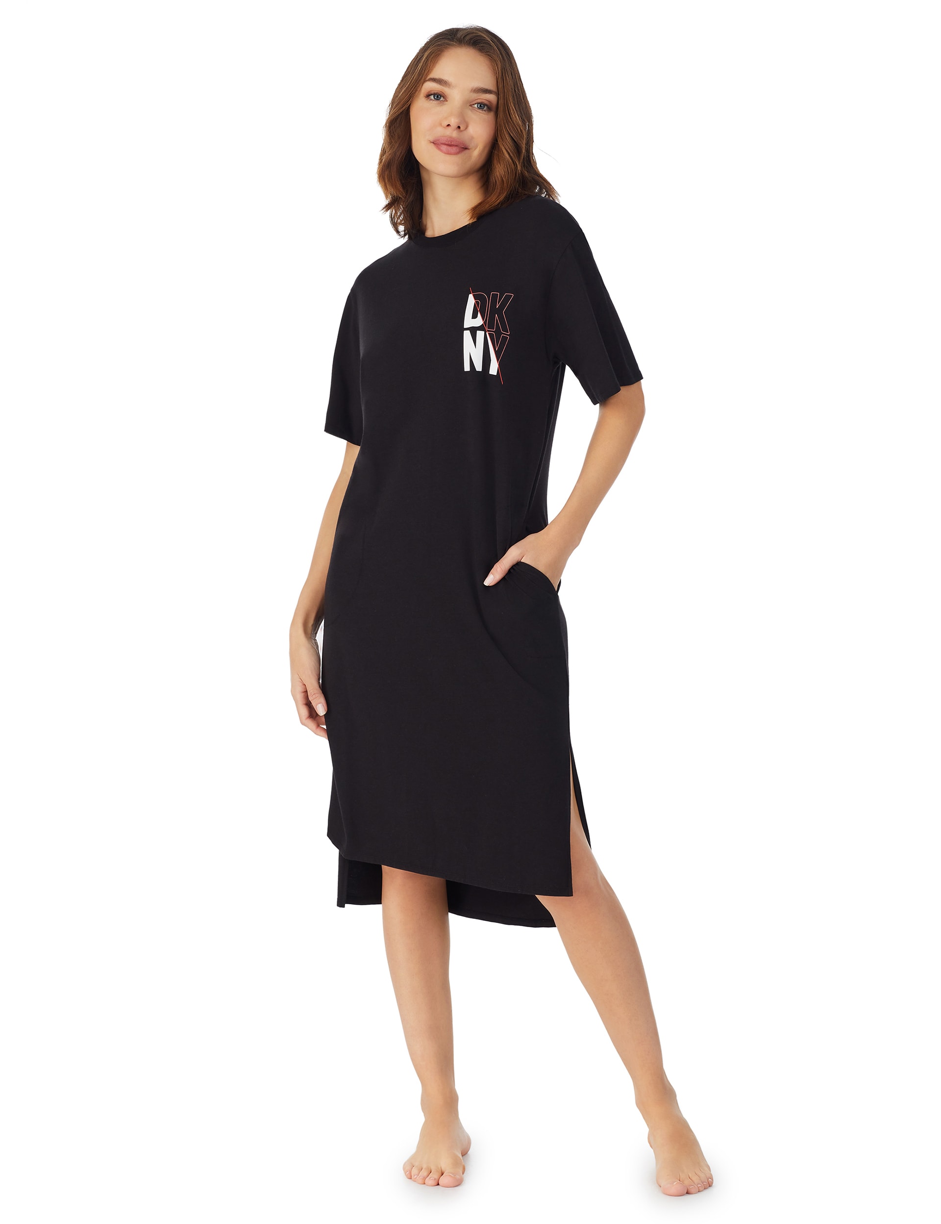 Dkny Women's Jersey Logo Midi Nightdress - Black Mix, Black Mix,Grey Mix