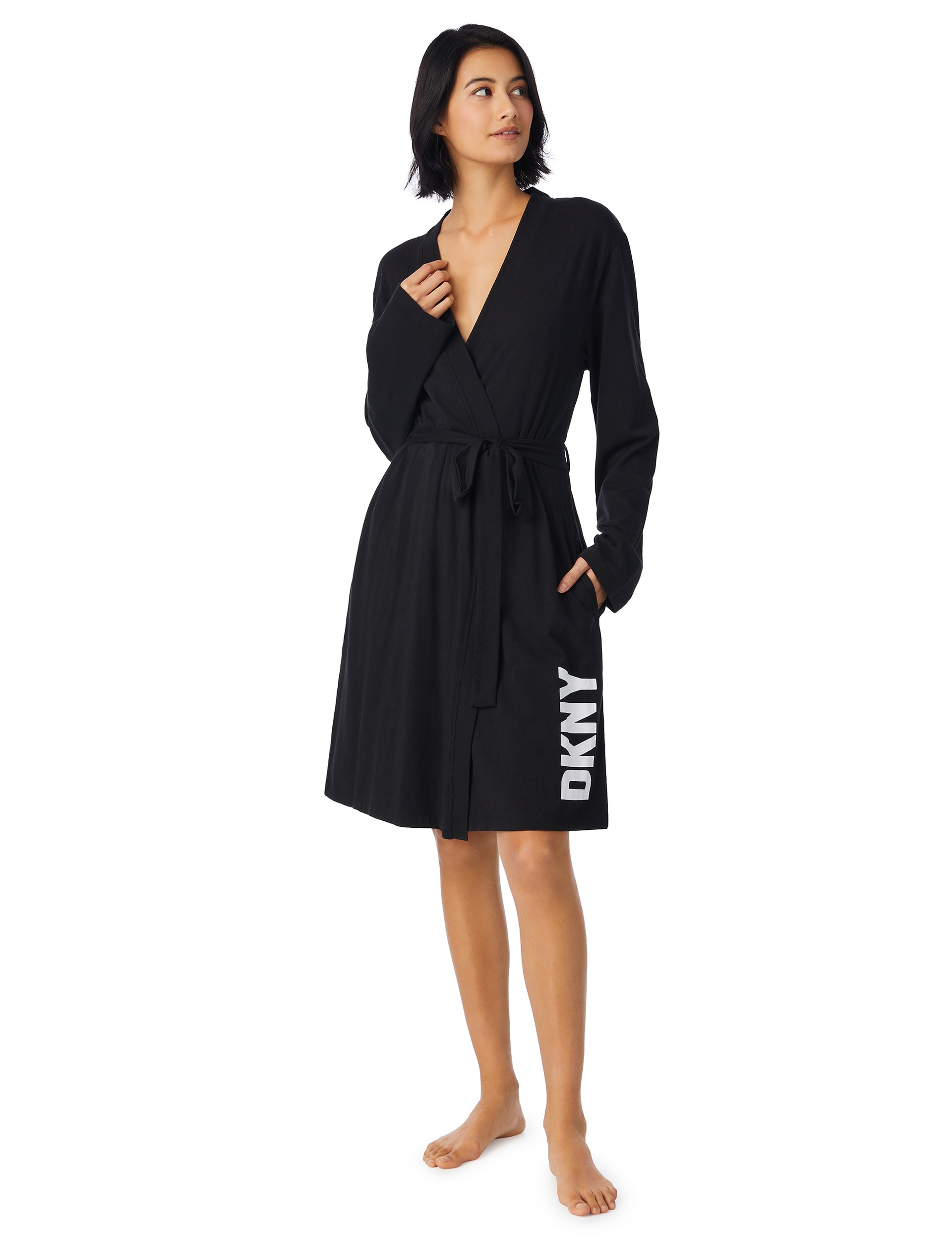 Dkny Women's Jersey Logo Print Short Robe - M - Black Mix, Grey Mix,Black Mix