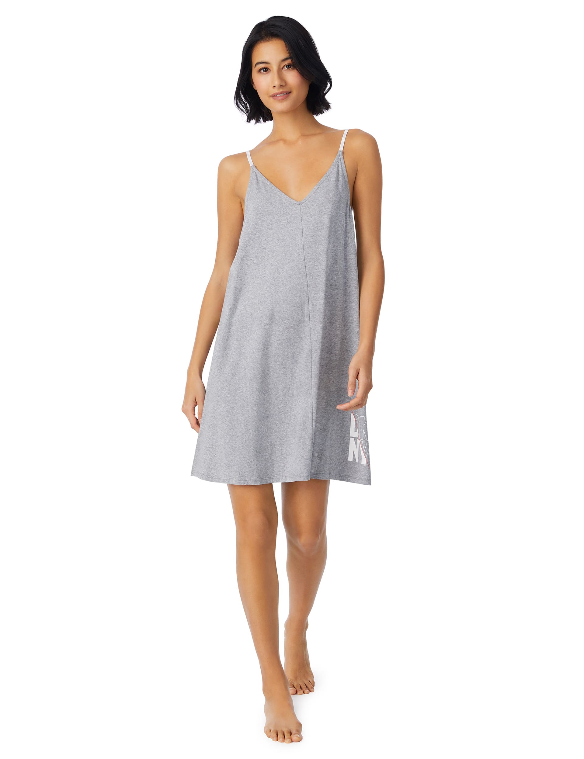 Dkny Women's Jersey Strappy Logo Short Chemise - Grey Mix, Grey Mix,Black Mix