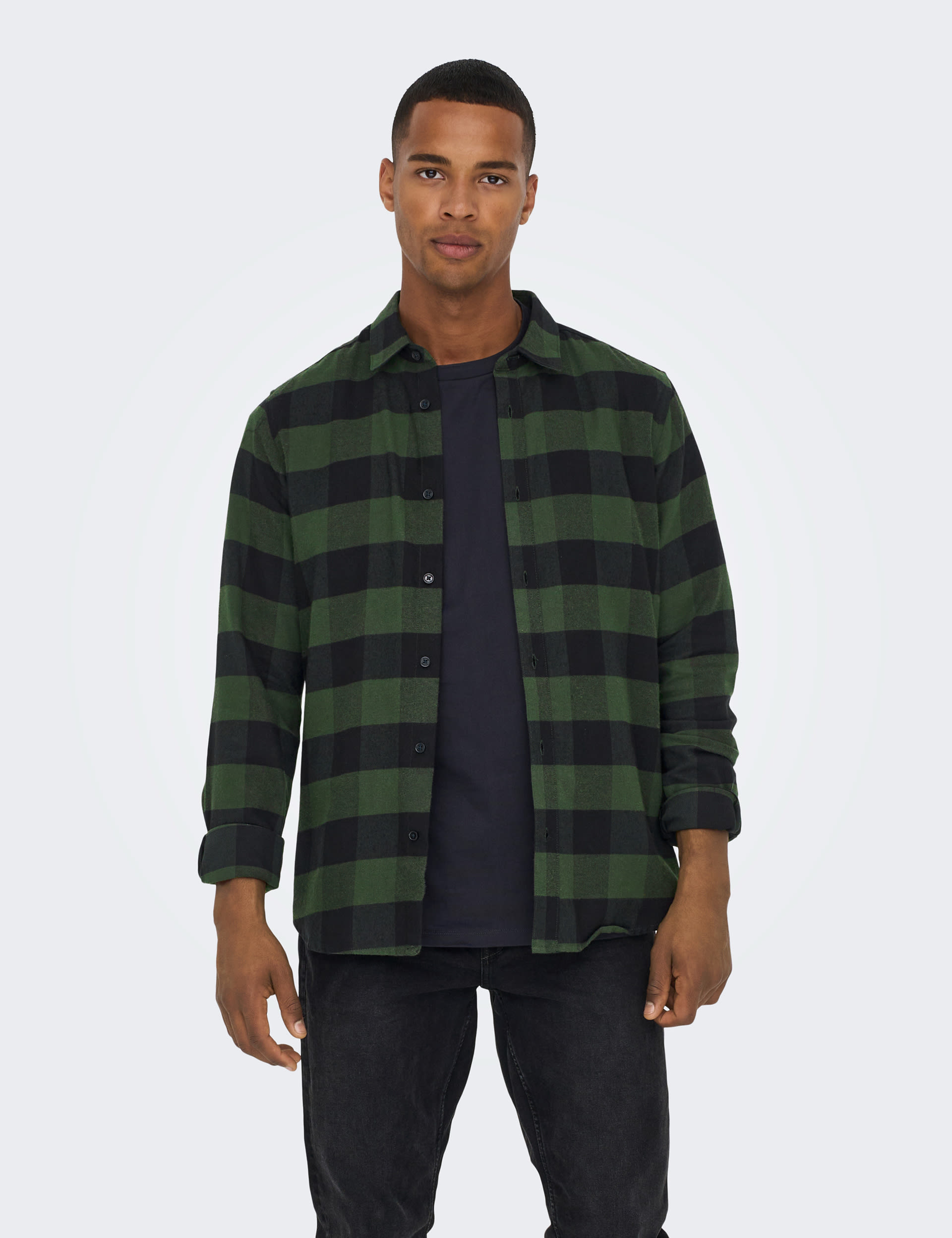 Only & Sons Men's Pure Cotton Check Flannel Shirt - Green Mix, Green Mix,Navy,Beige Mix,Blue Mix