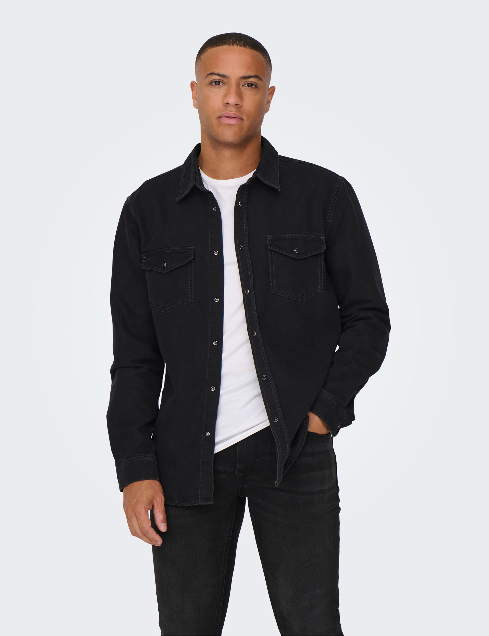 Only & Sons Men's Denim Shirt - L - Dark Grey, Dark Grey,Blue Denim