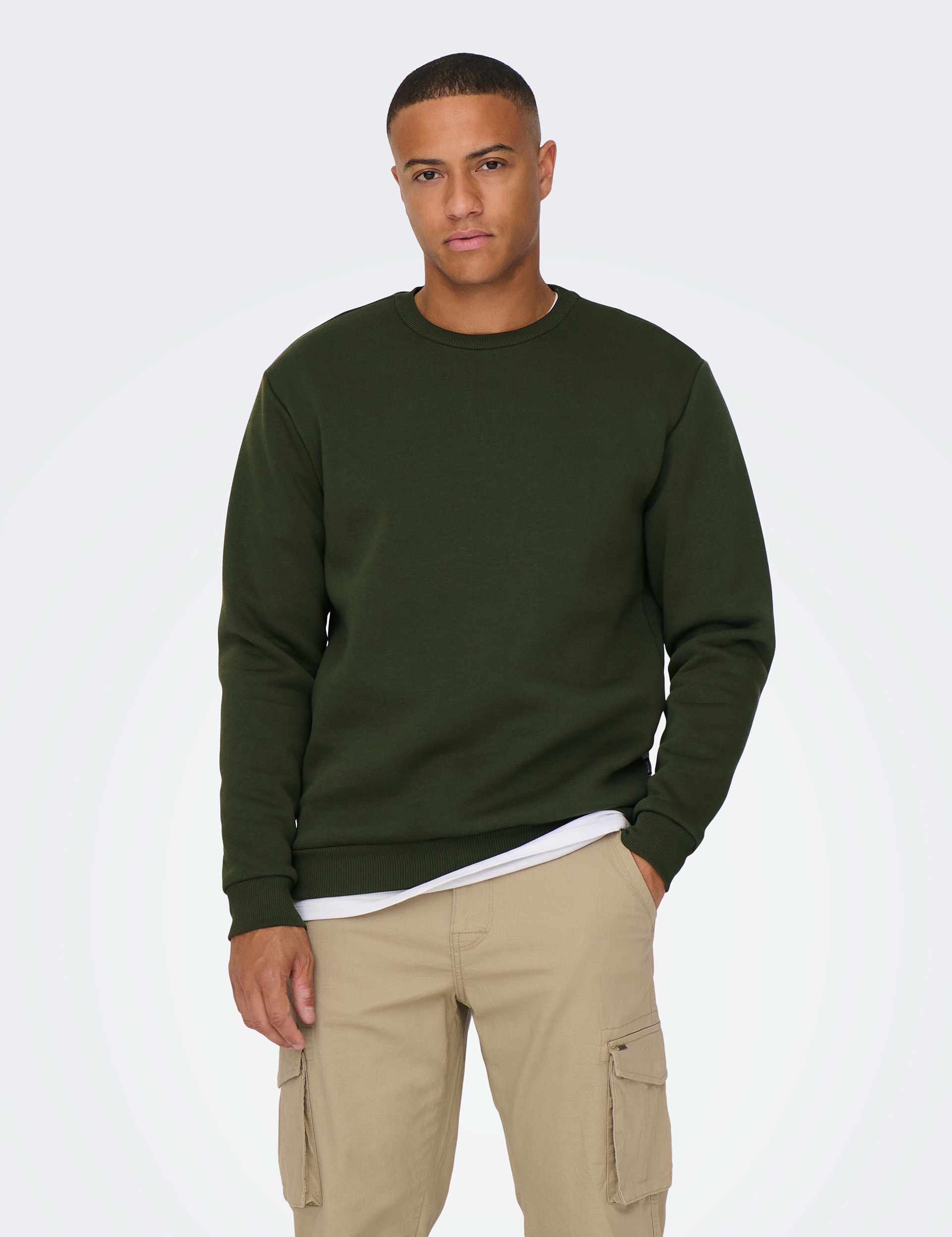 Only & Sons Men's Cotton Rich Crew Neck Sweatshirt - Green, Black,Beige,Grey,Green