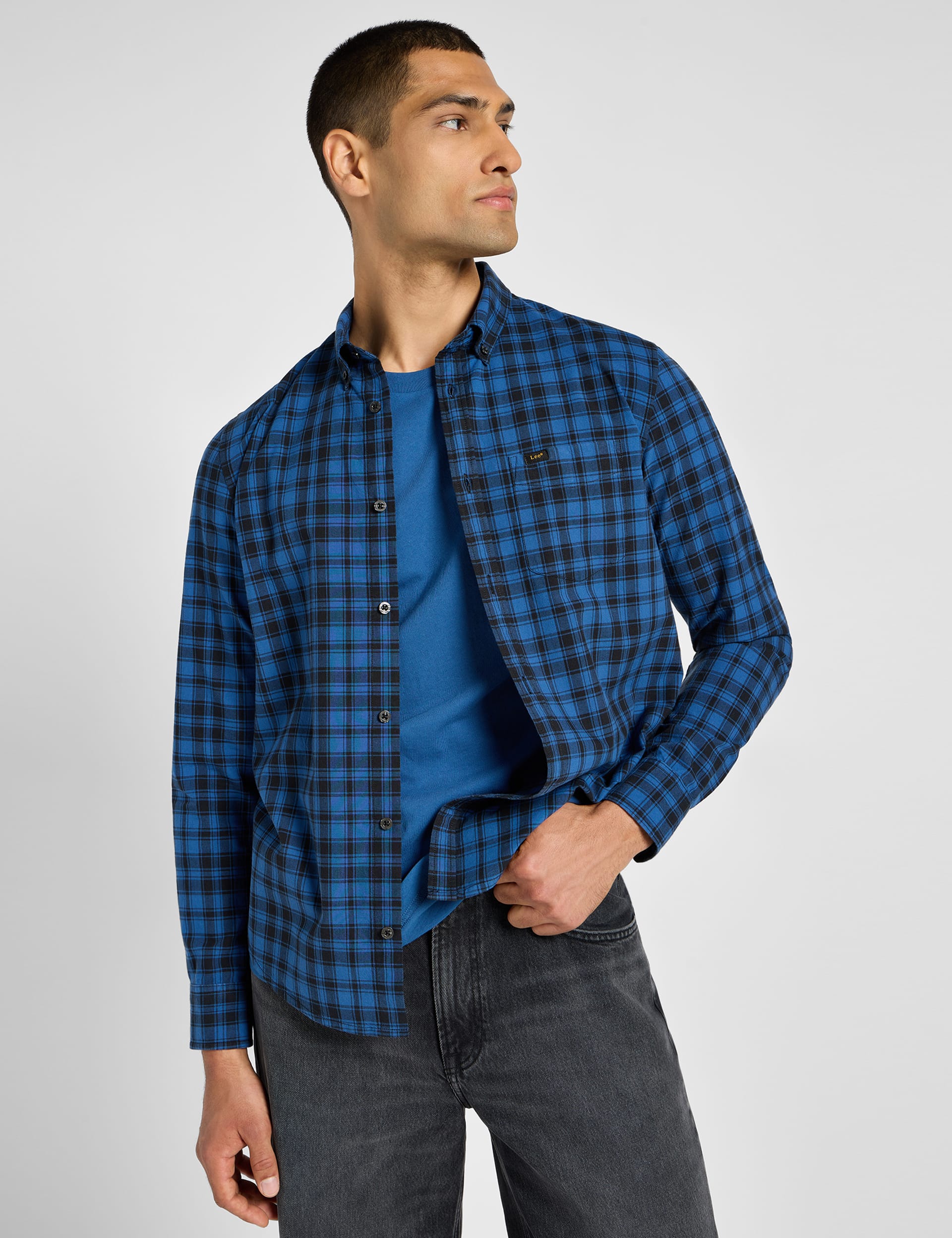 Lee Men's Pure Cotton Checked Flannel Shirt - Blue Mix, Blue Mix