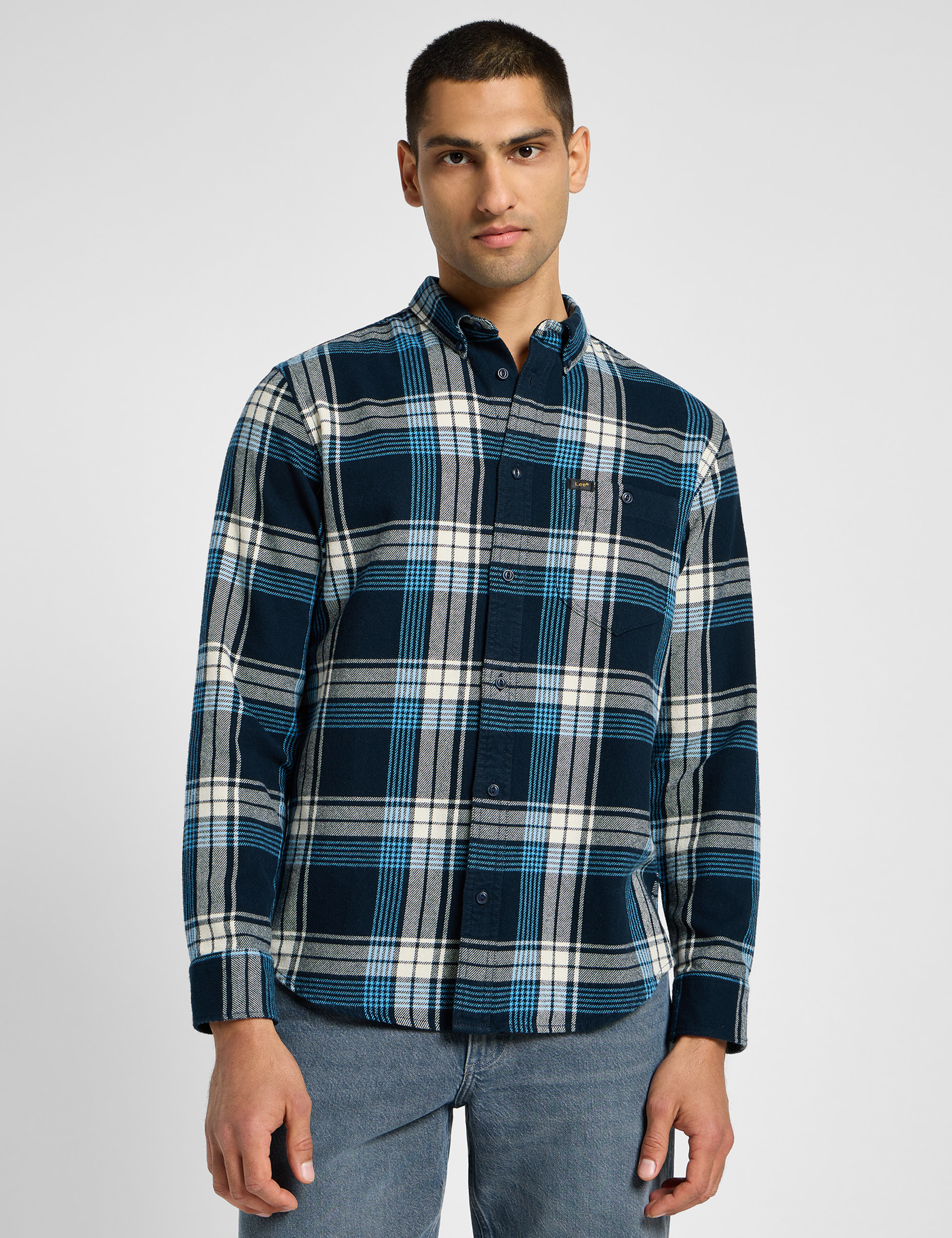 Lee Men's Pure Cotton Checked Flannel Shirt - Blue Mix, Blue Mix