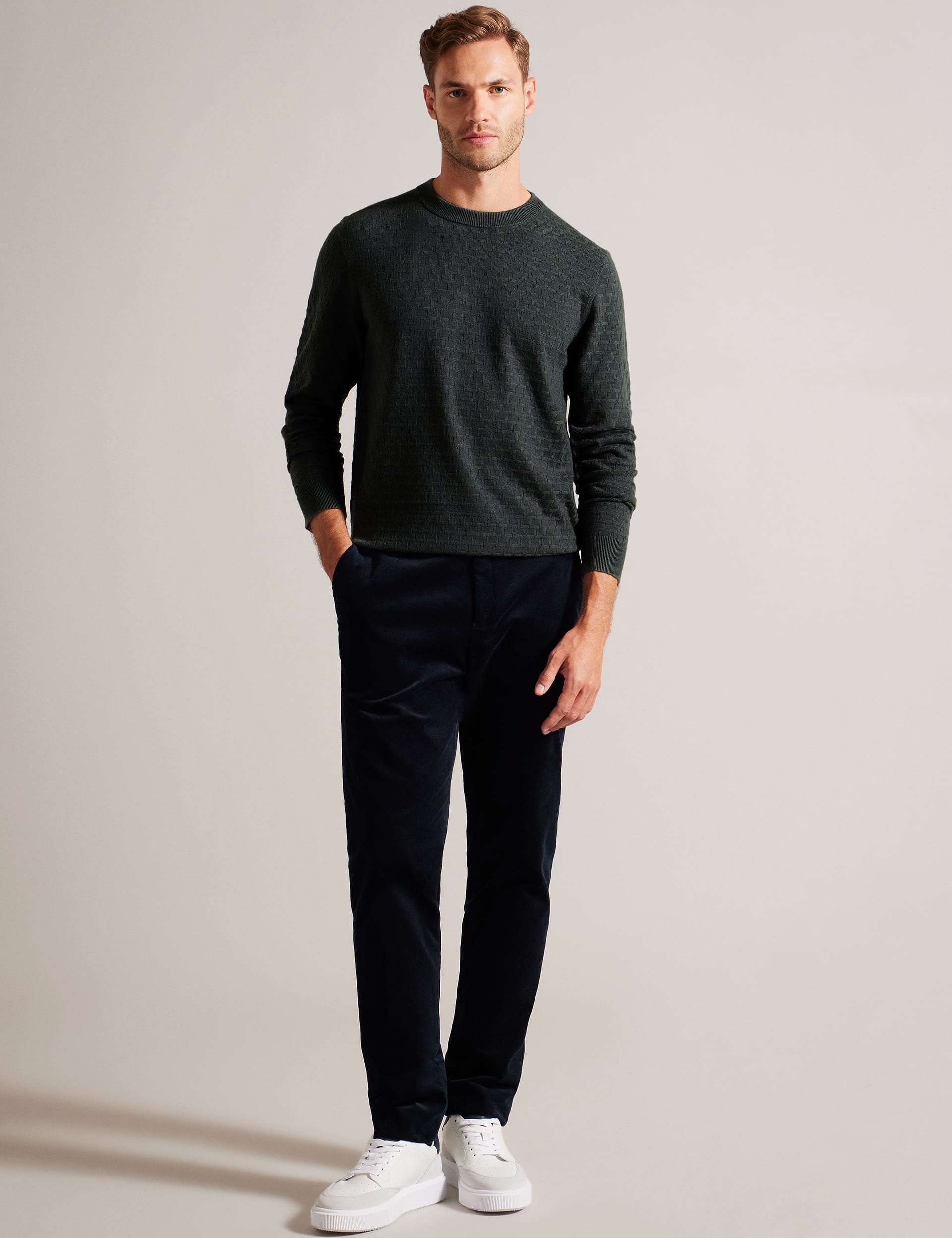 Ted Baker Men's Textured Crew Neck Jumper with Wool - XL - Dark Green, Dark Green