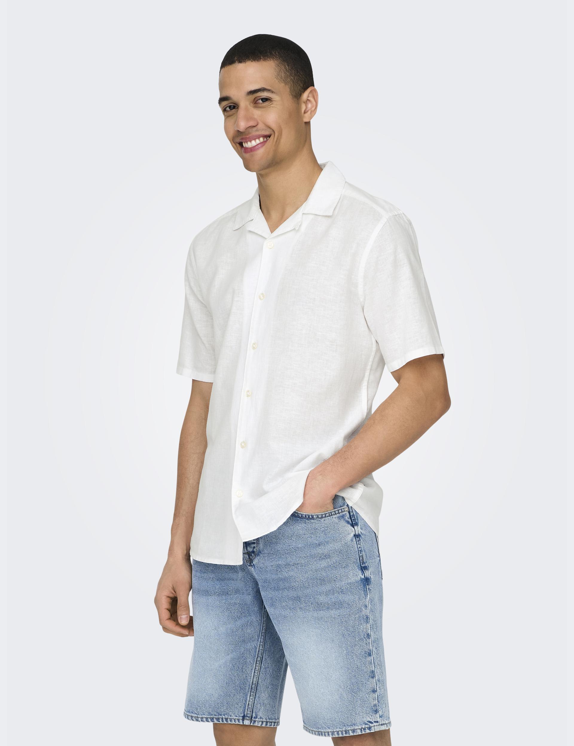 Only & Sons Men's Cotton Linen Blend Shirt - White, White,Navy