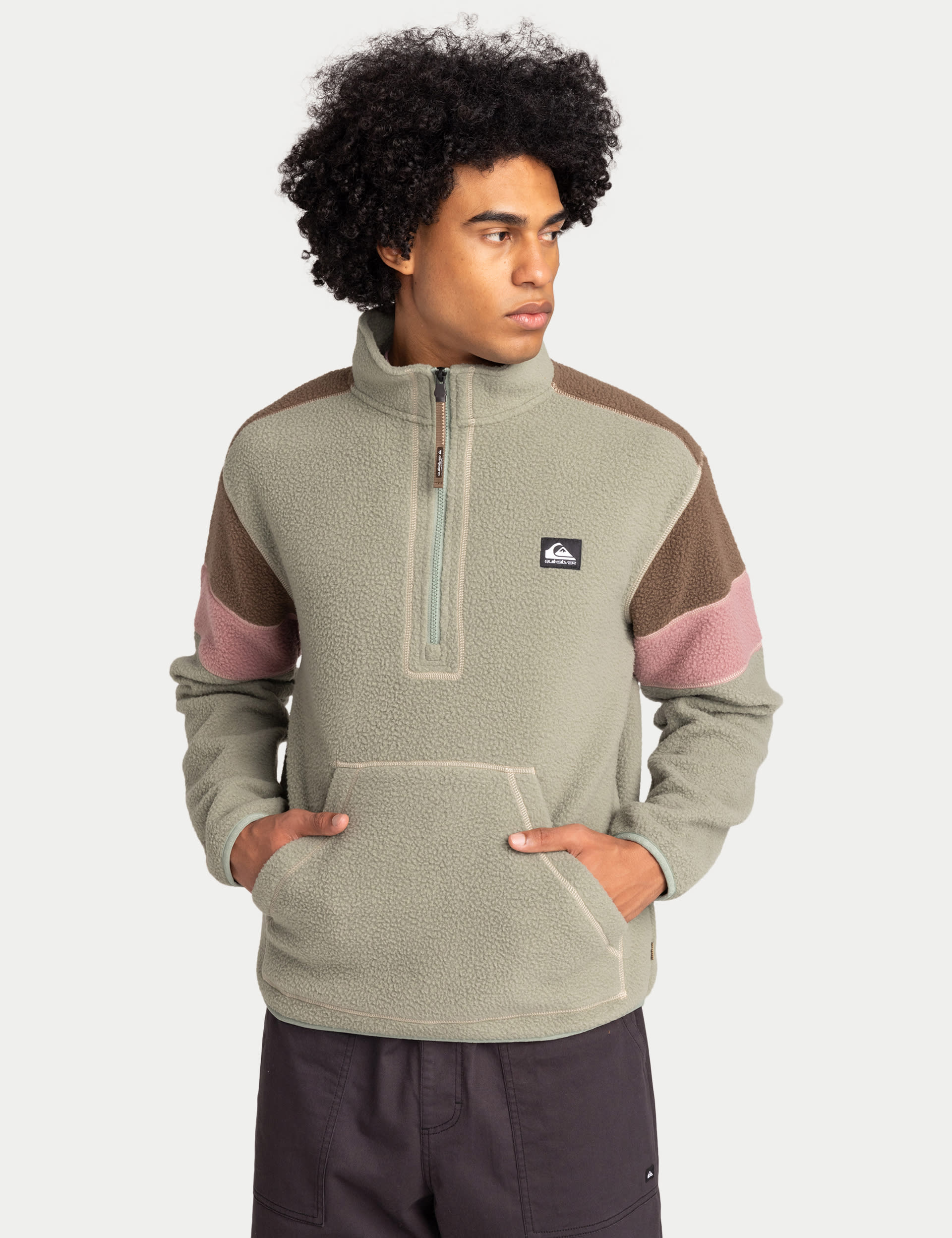 Quiksilver Men's Clean Coast Colour Block Half Zip Fleece - M - Khaki Mix, Khaki Mix