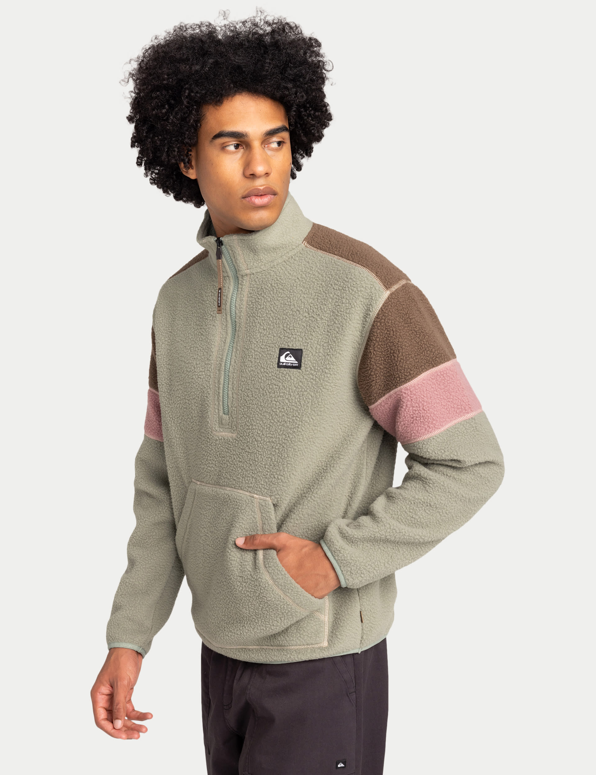 Quiksilver Men's Clean Coast Colour Block Half Zip Fleece - M - Khaki Mix, Khaki Mix