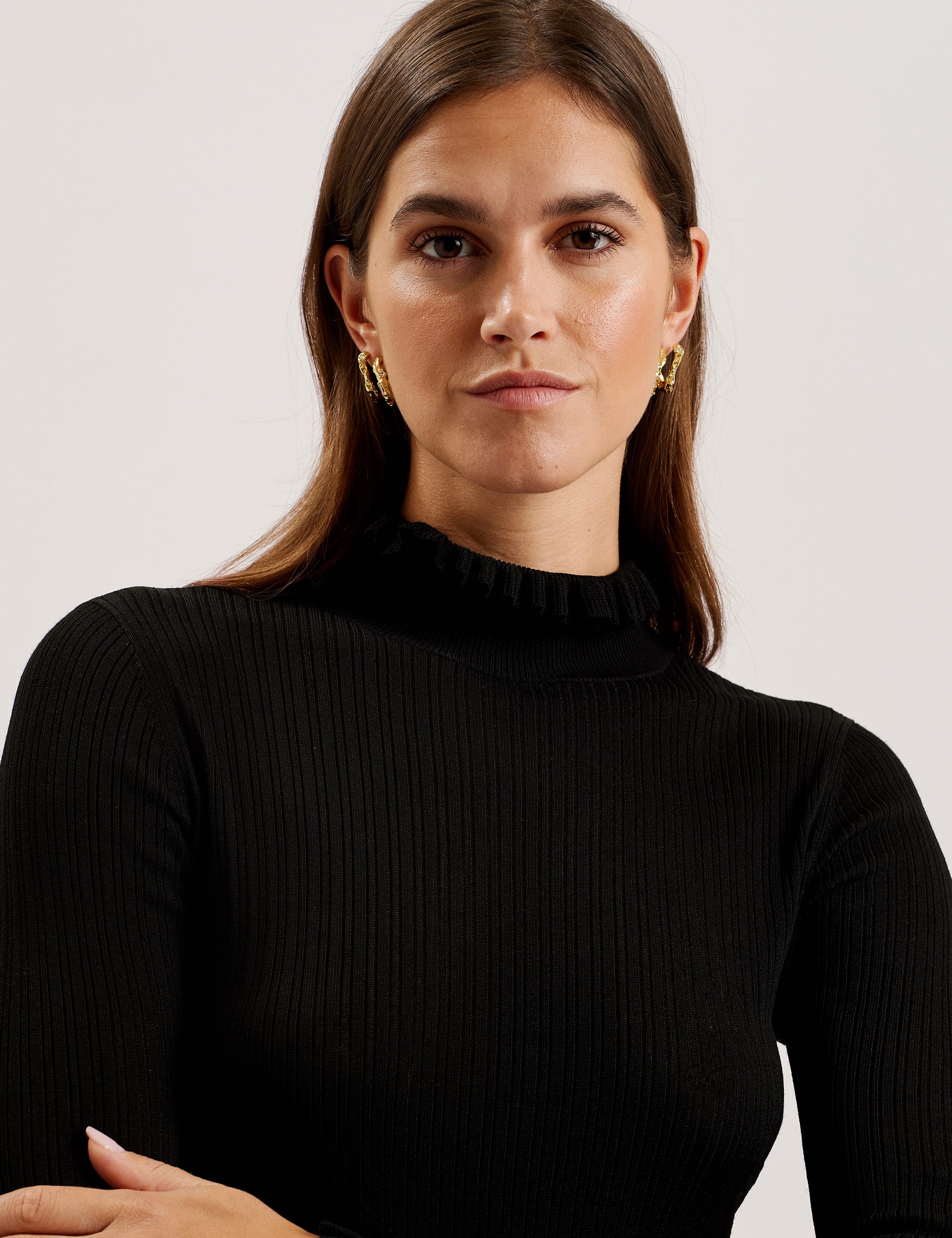 Ted Baker Women's Ribbed Funnel Neck Frill Detail Jumper - 14 - Black, Black