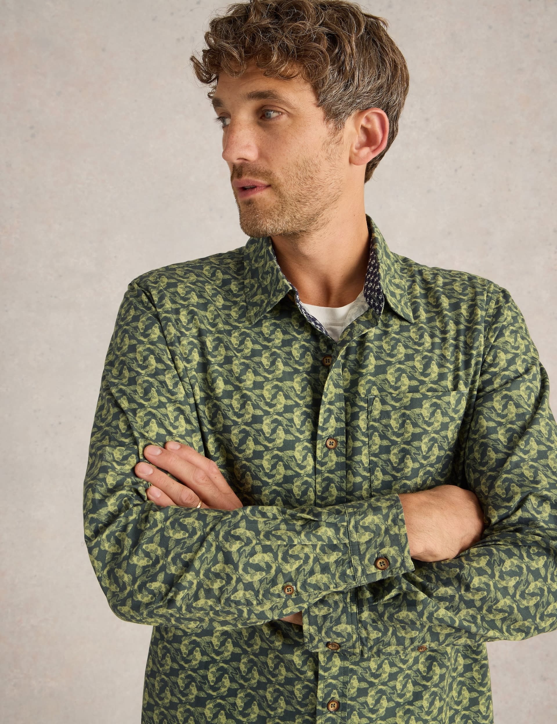 White Stuff Men's Pure Cotton Print Shirt - L - Green Mix, Green Mix