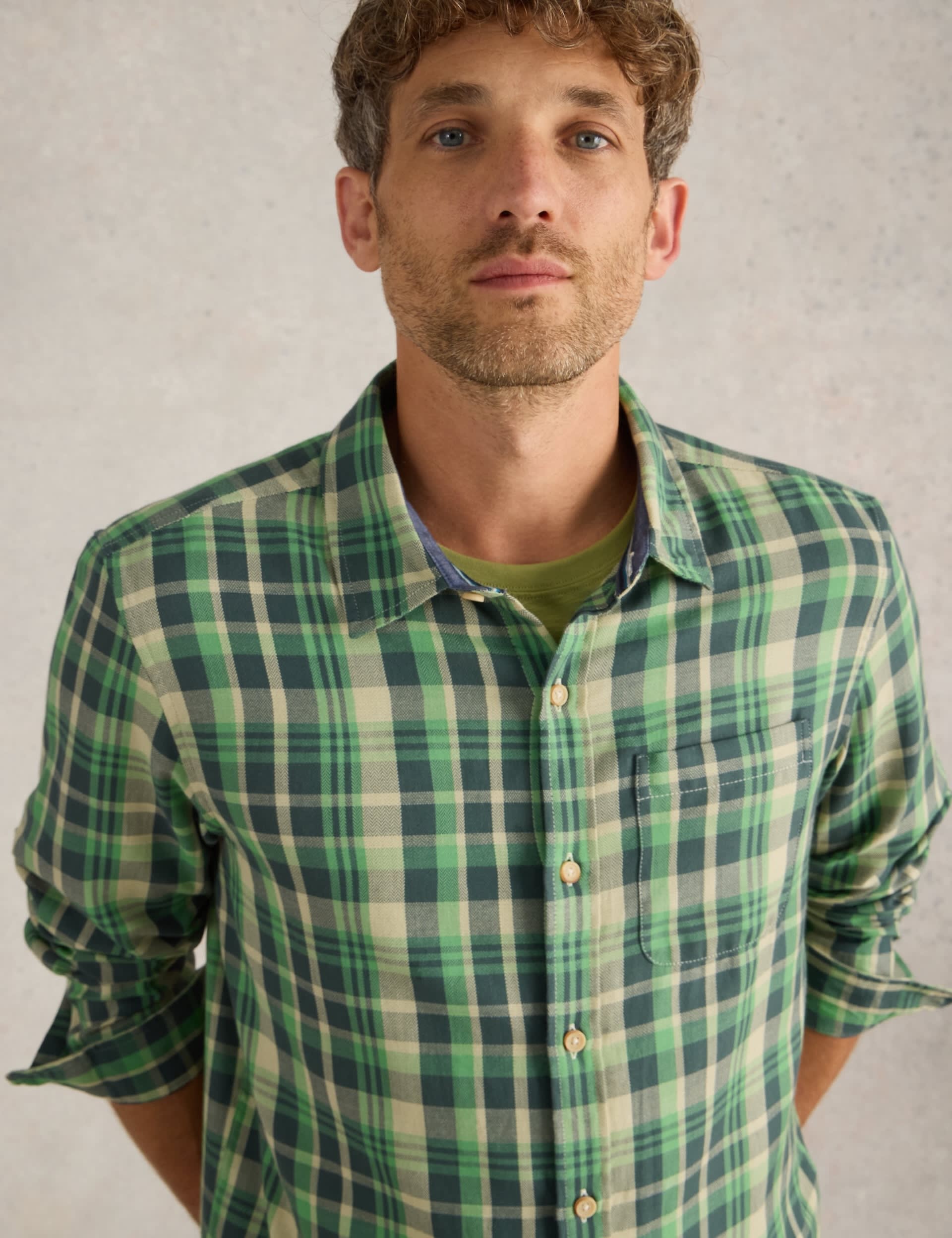 White Stuff Men's Pure Brushed Cotton Flannel Check Shirt - Green Mix, Blue Mix,Green Mix