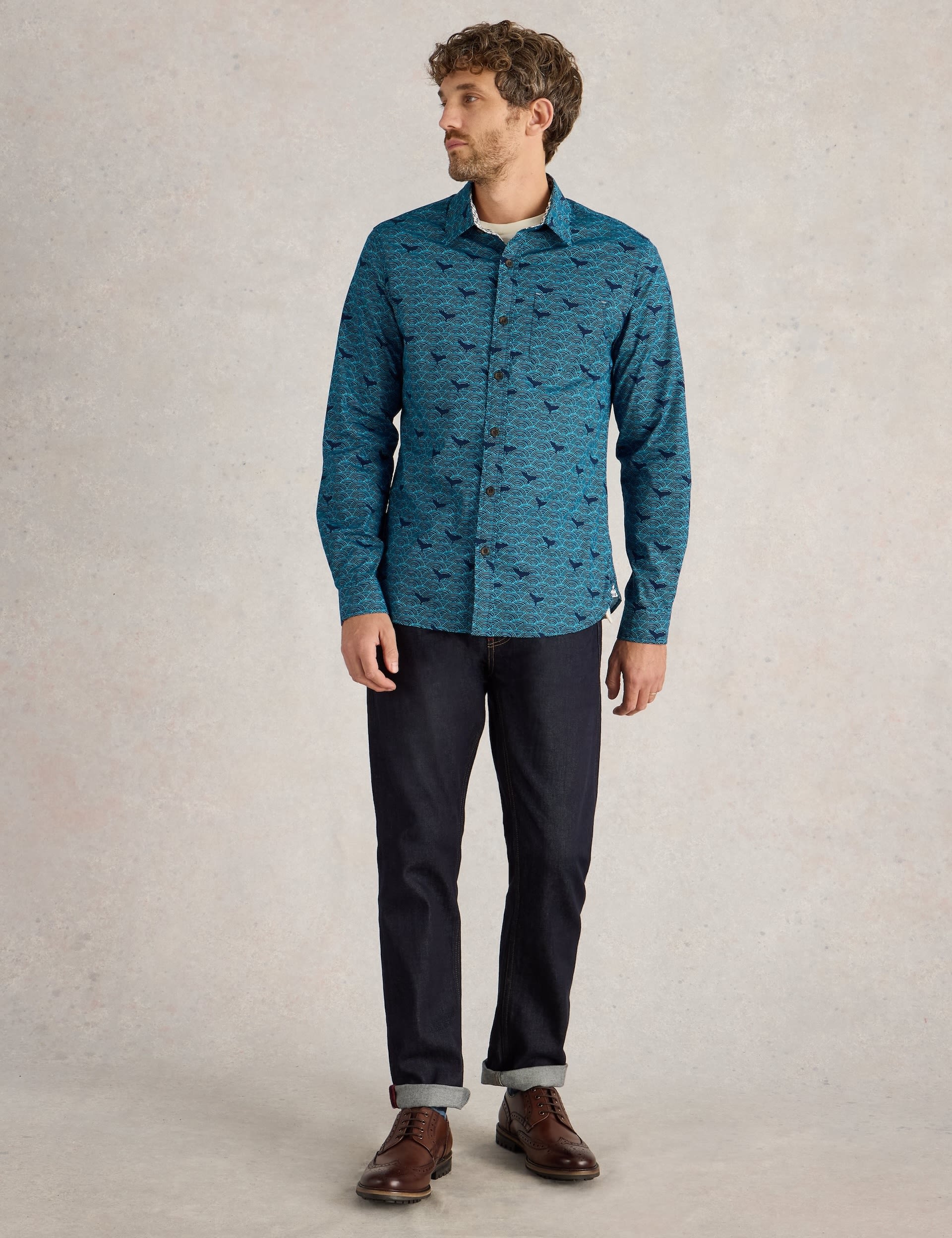 White Stuff Men's Slim Fit Cotton Rich Wave Print Shirt - Blue Mix, Blue Mix