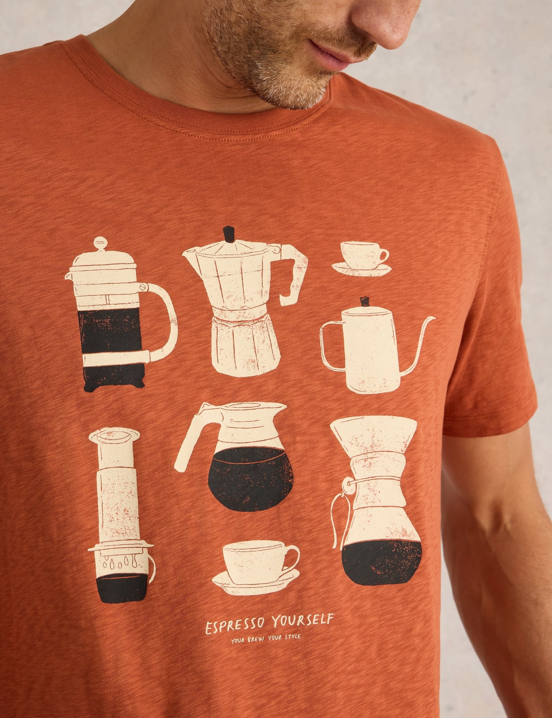 White Stuff Men's Pure Cotton Coffee Graphic T-Shirt - L - Orange Mix, Orange Mix