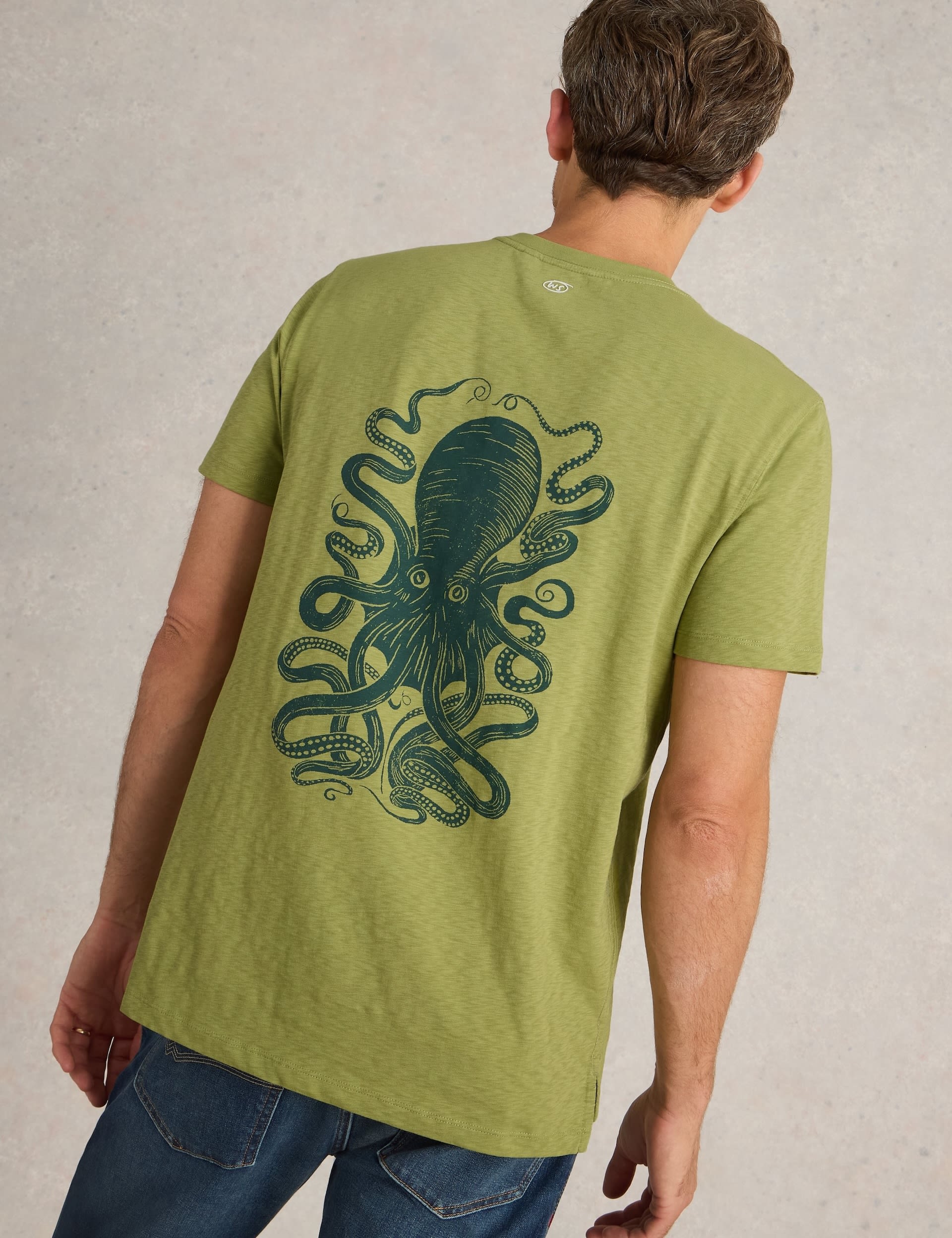 White Stuff Men's Pure Cotton Octopus Graphic Crew Neck T-Shirt - L - Green Mix, Green Mix