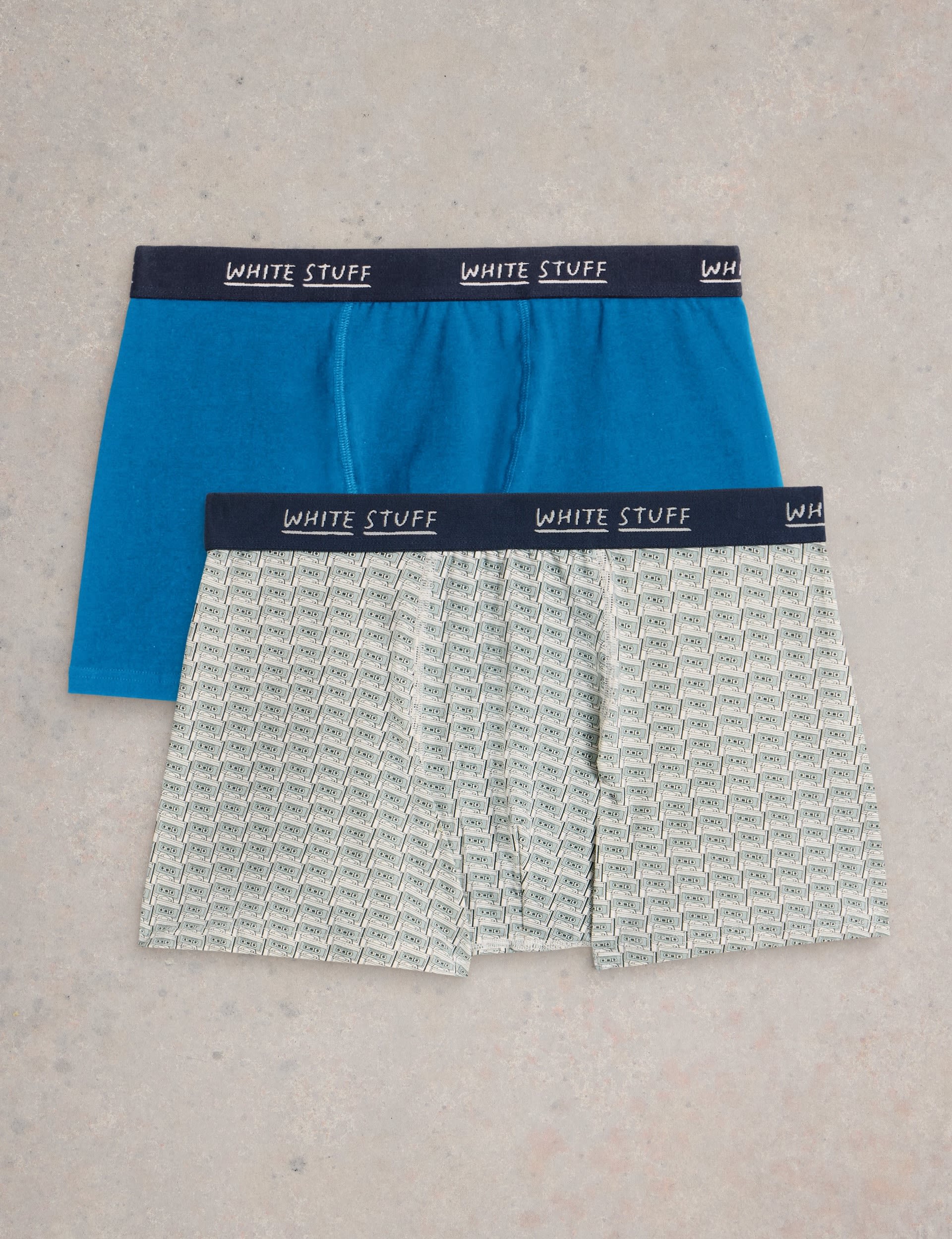 White Stuff Men's 2 Pack Cotton Rich Cassette & Plain Boxers - XL - Blue Mix, Blue Mix