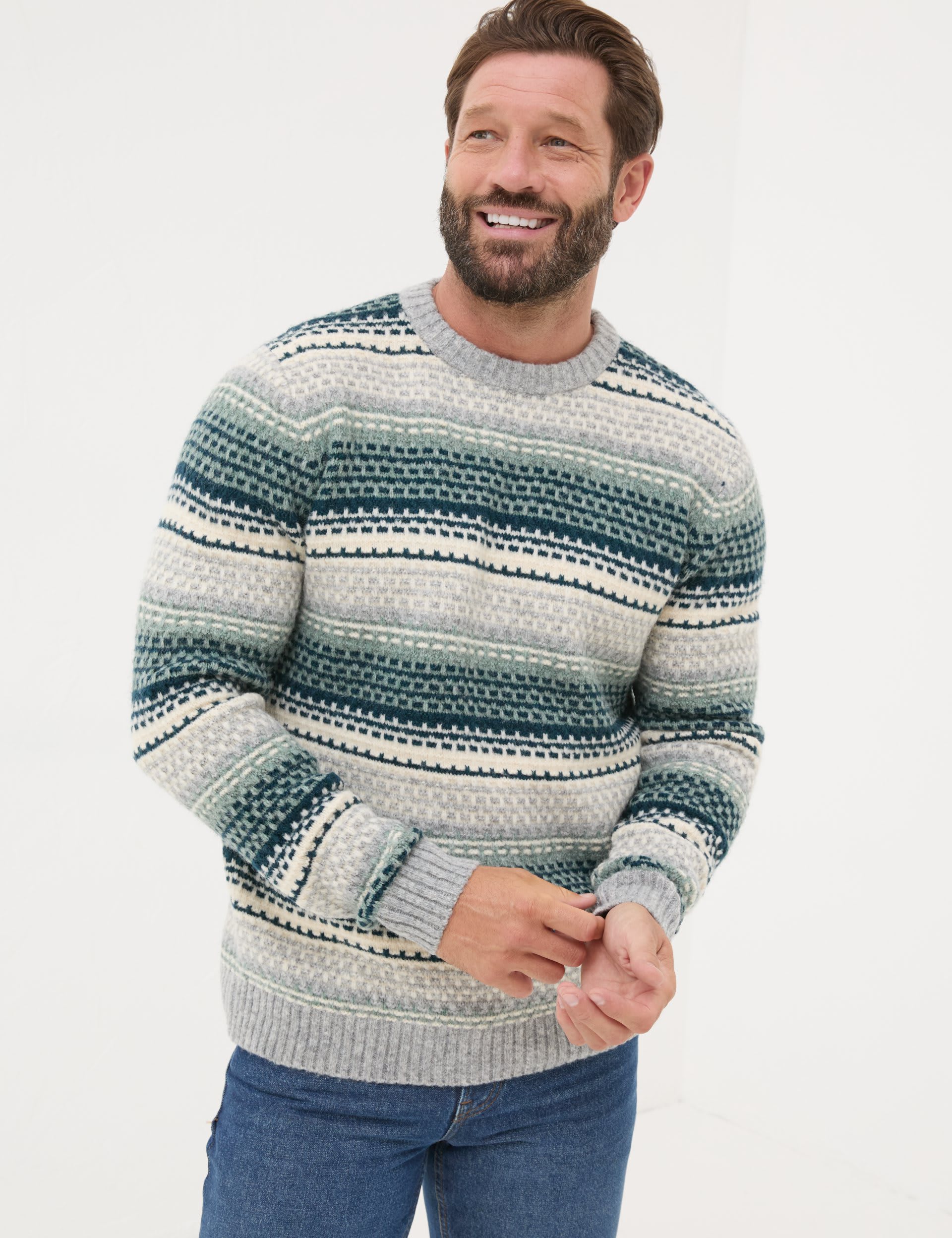 Fatface Men's Textured Striped Crew Neck Jumper with Wool - XLREG - Teal, Teal