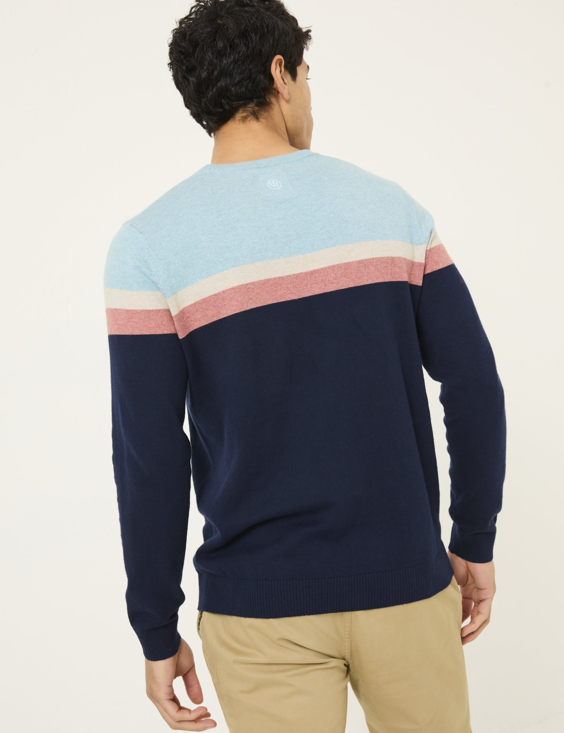 Fatface Men's Cotton Rich Colour Block Crew Neck Jumper - LREG - Navy Mix, Navy Mix