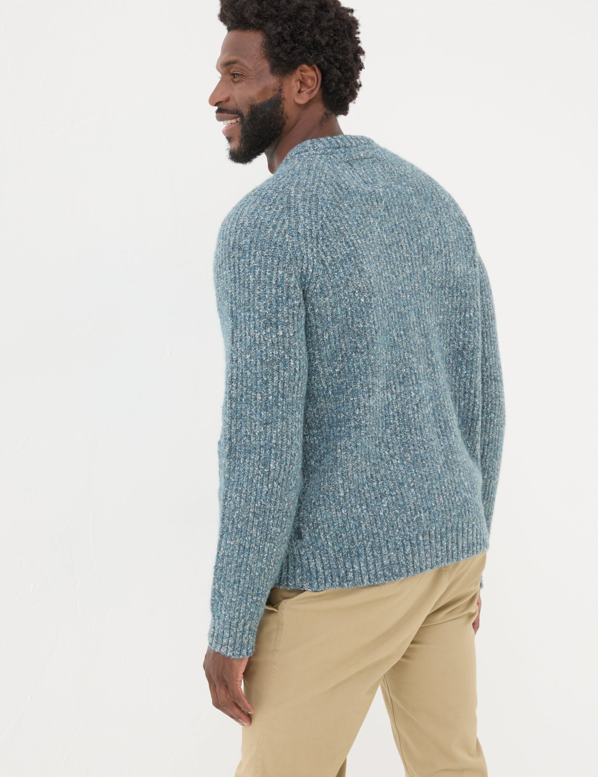 Fatface Men's Cotton Blend Textured Crew Neck Jumper - LREG - Blue, Blue