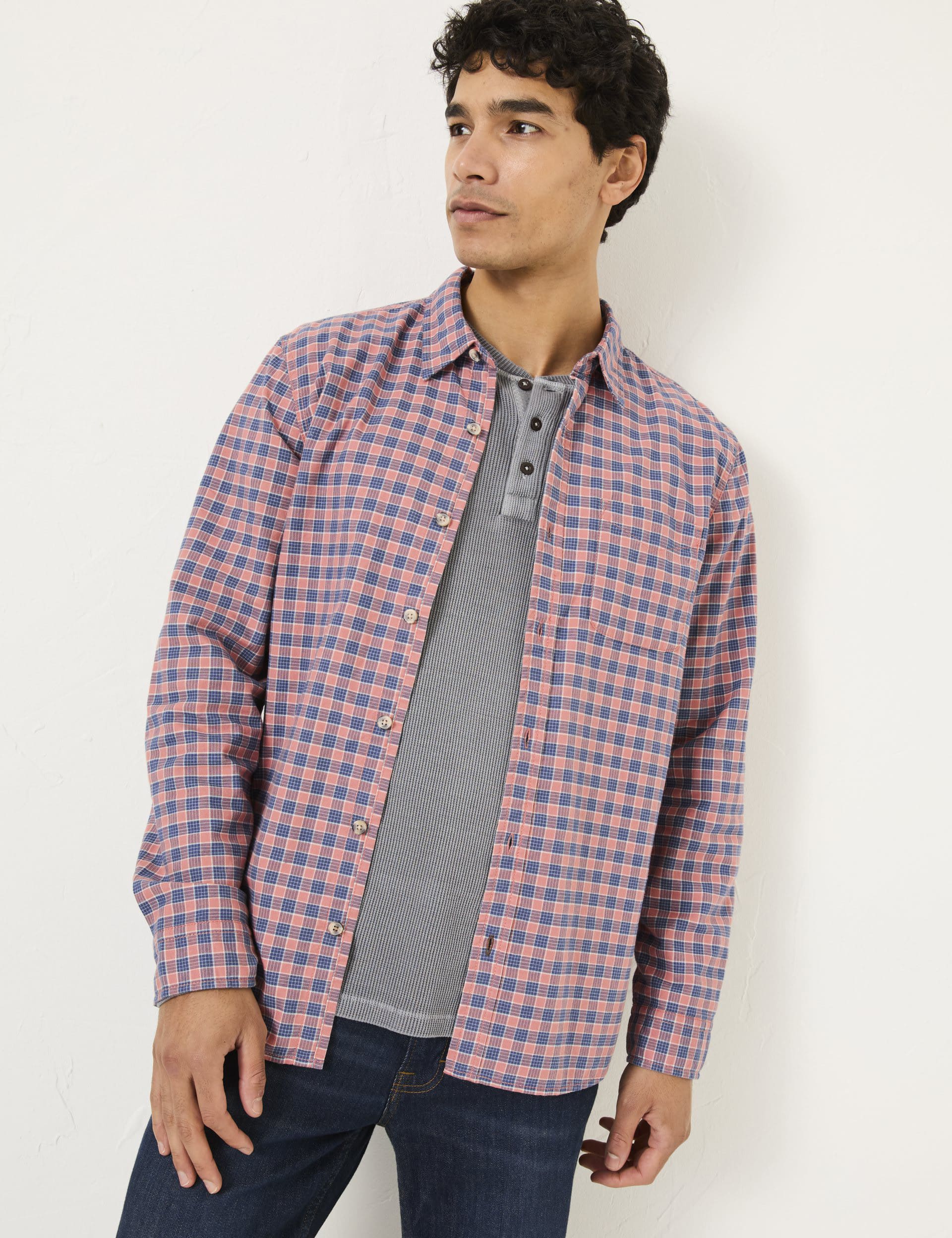 Fatface Men's Pure Cotton Check Overshirt - MREG - Pink Mix, Pink Mix