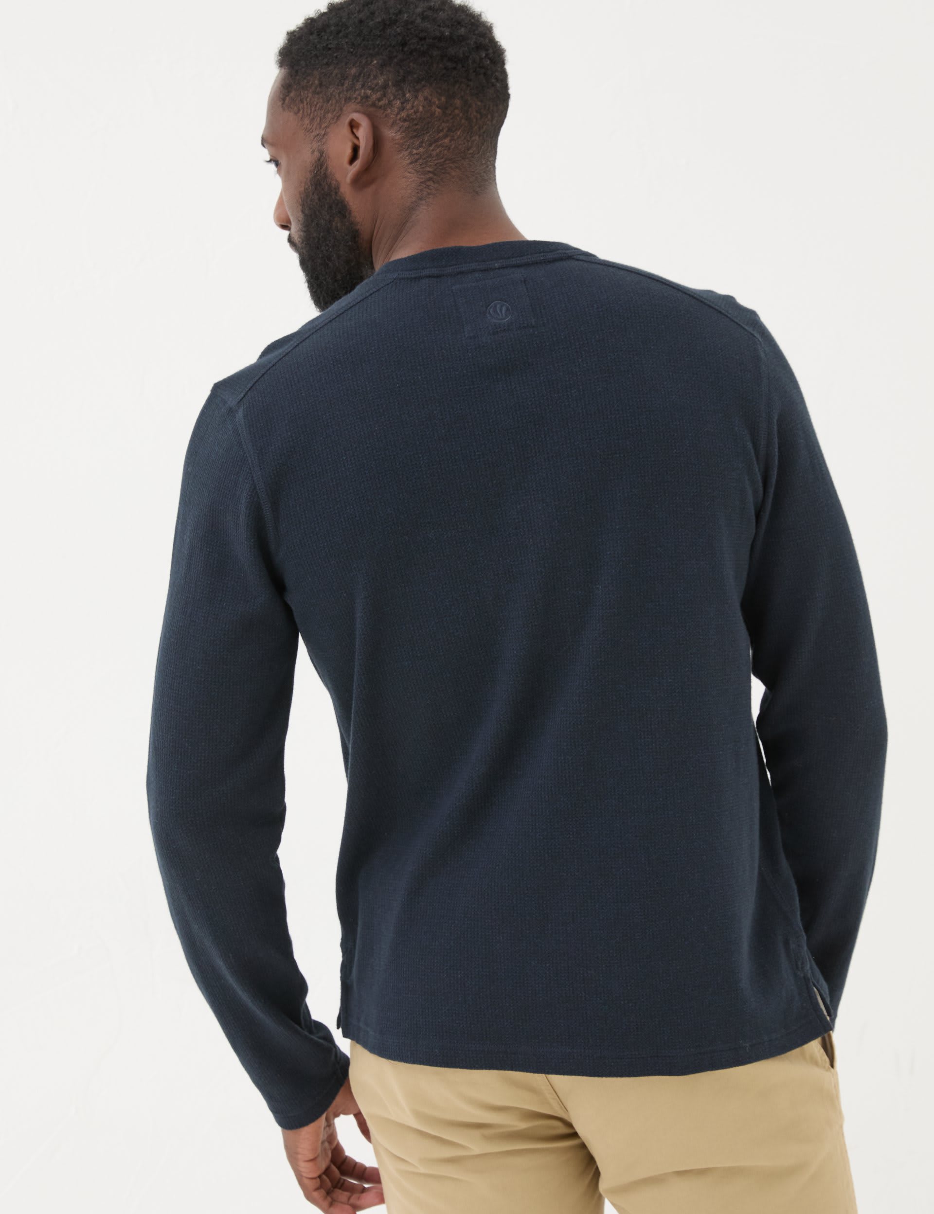 Fatface Men's Pure Cotton Waffle Henley Long Sleeve T-Shirt - SREG - Navy, Navy