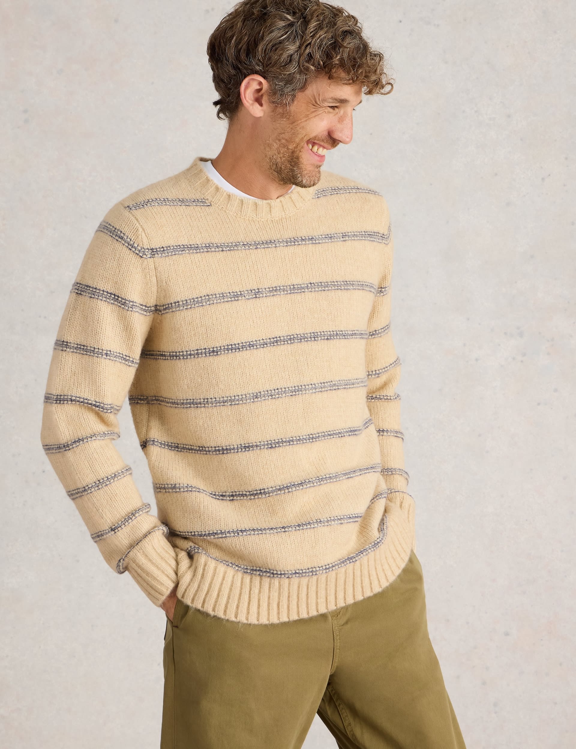 White Stuff Men's Striped Crew Neck Jumper - L - Natural Mix, Natural Mix