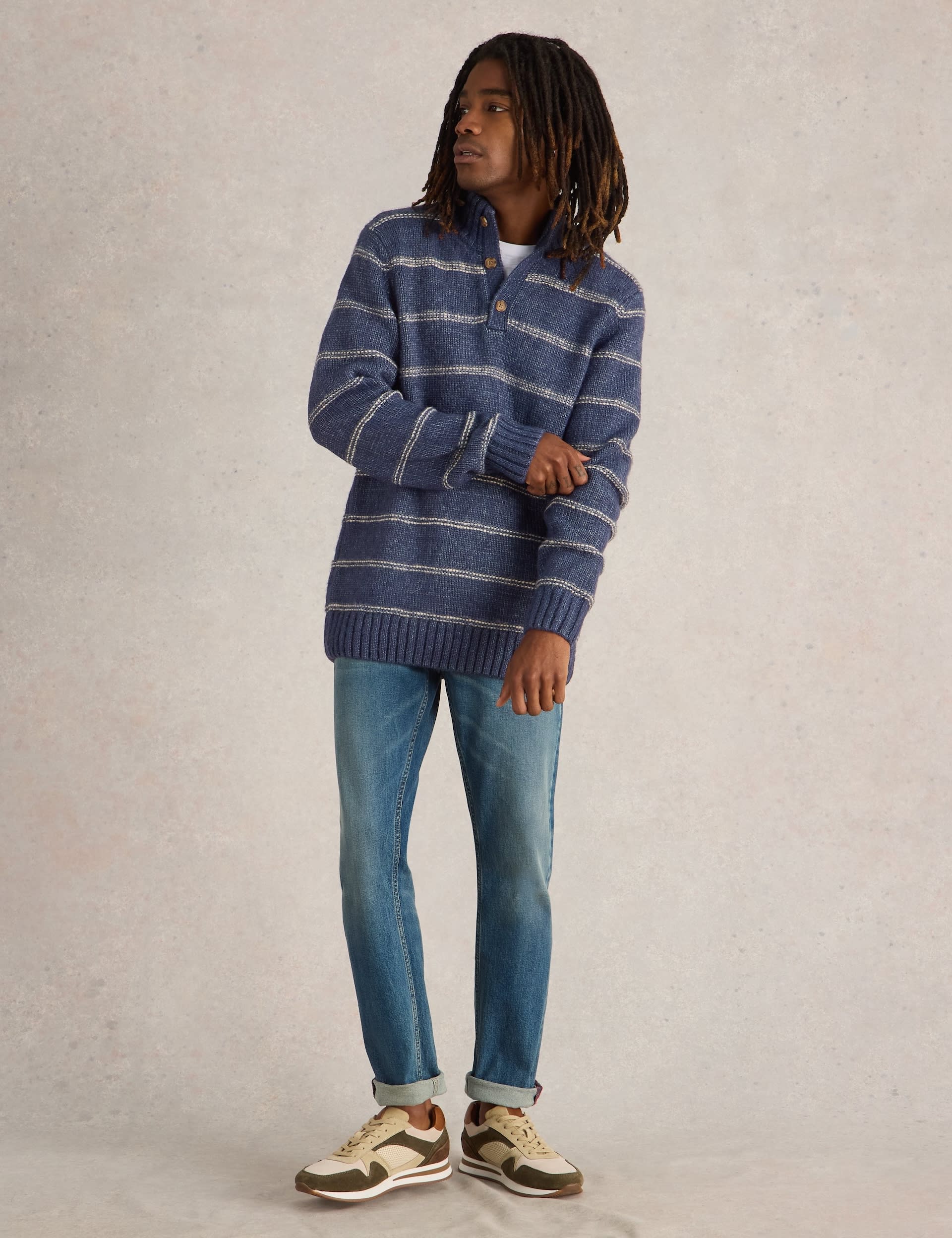 White Stuff Men's Striped Funnel Neck Jumper - Navy Mix, Navy Mix