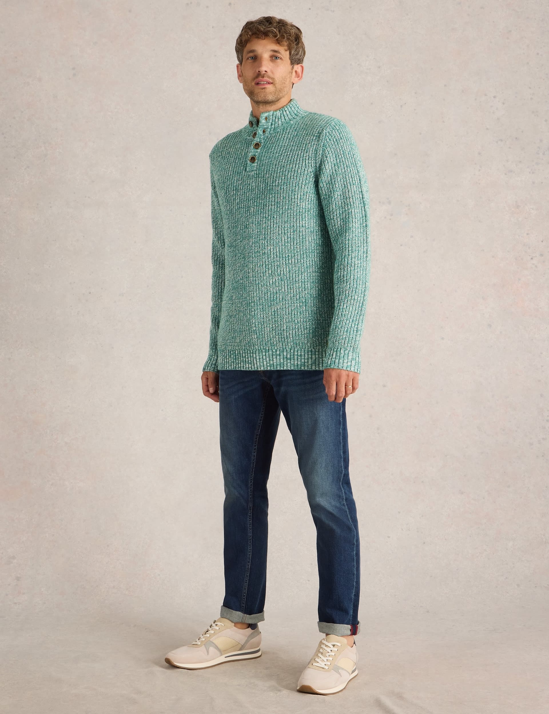 White Stuff Men's Textured High Neck Jumper - Green Mix, Green Mix