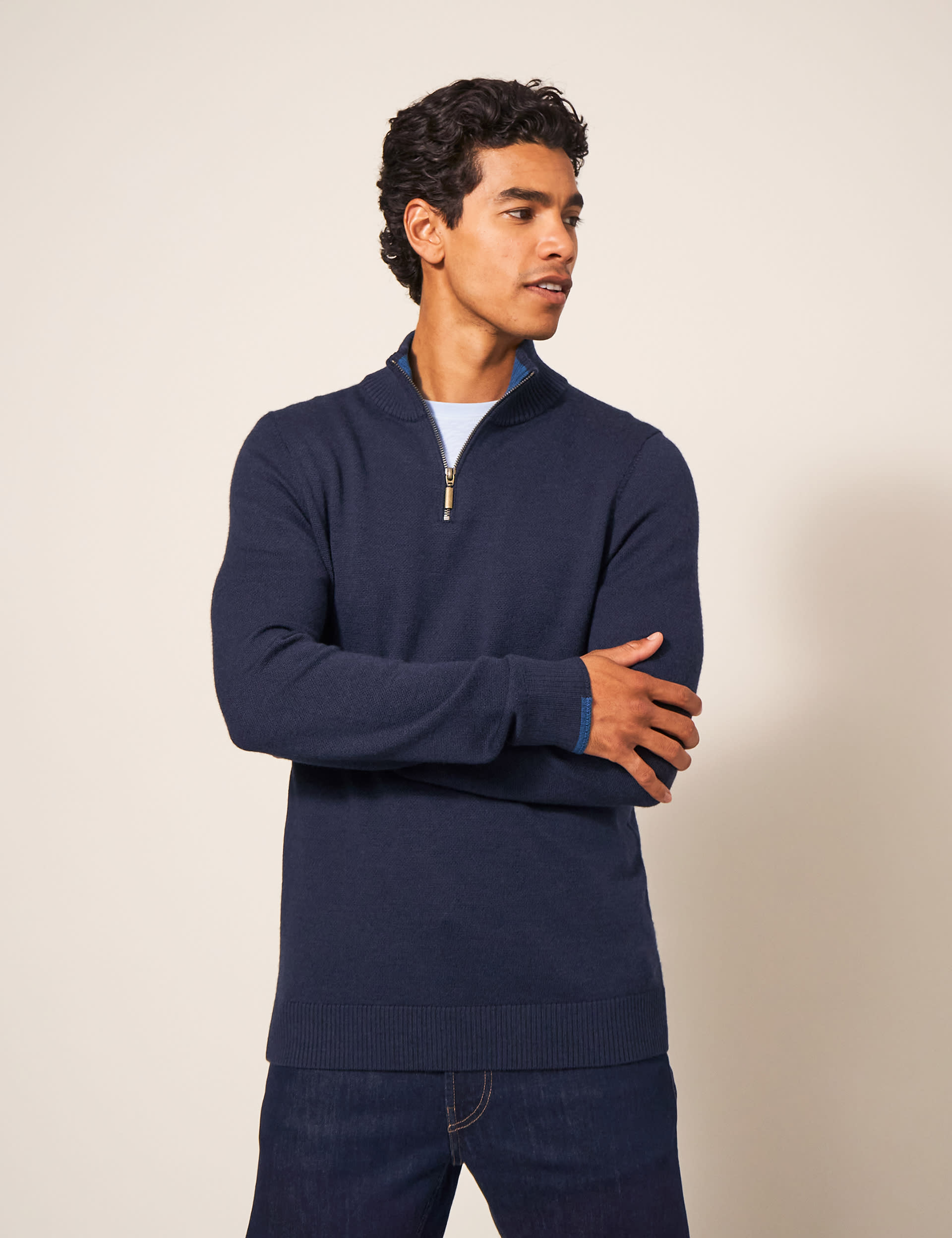 White Stuff Men's Pure Merino Wool Funnel Neck Half Zip Jumper - Navy, Blue,Navy,Purple