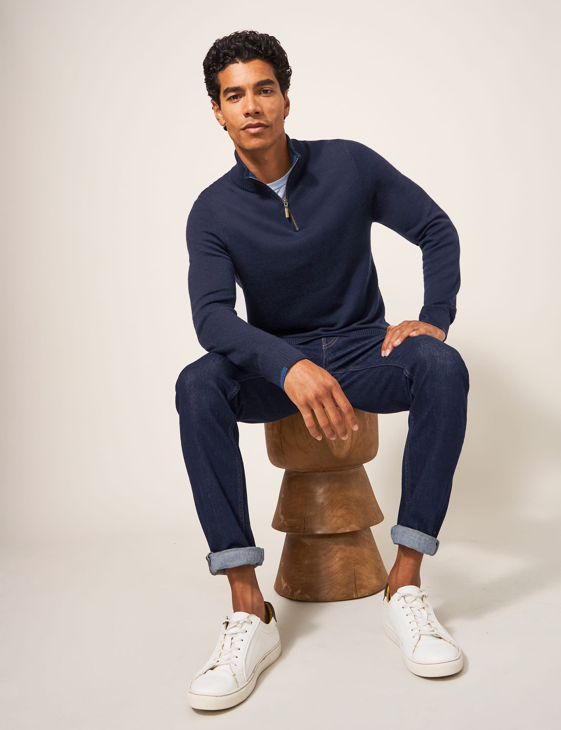 White Stuff Men's Pure Merino Wool Funnel Neck Half Zip Jumper - S - Navy, Blue,Navy,Purple