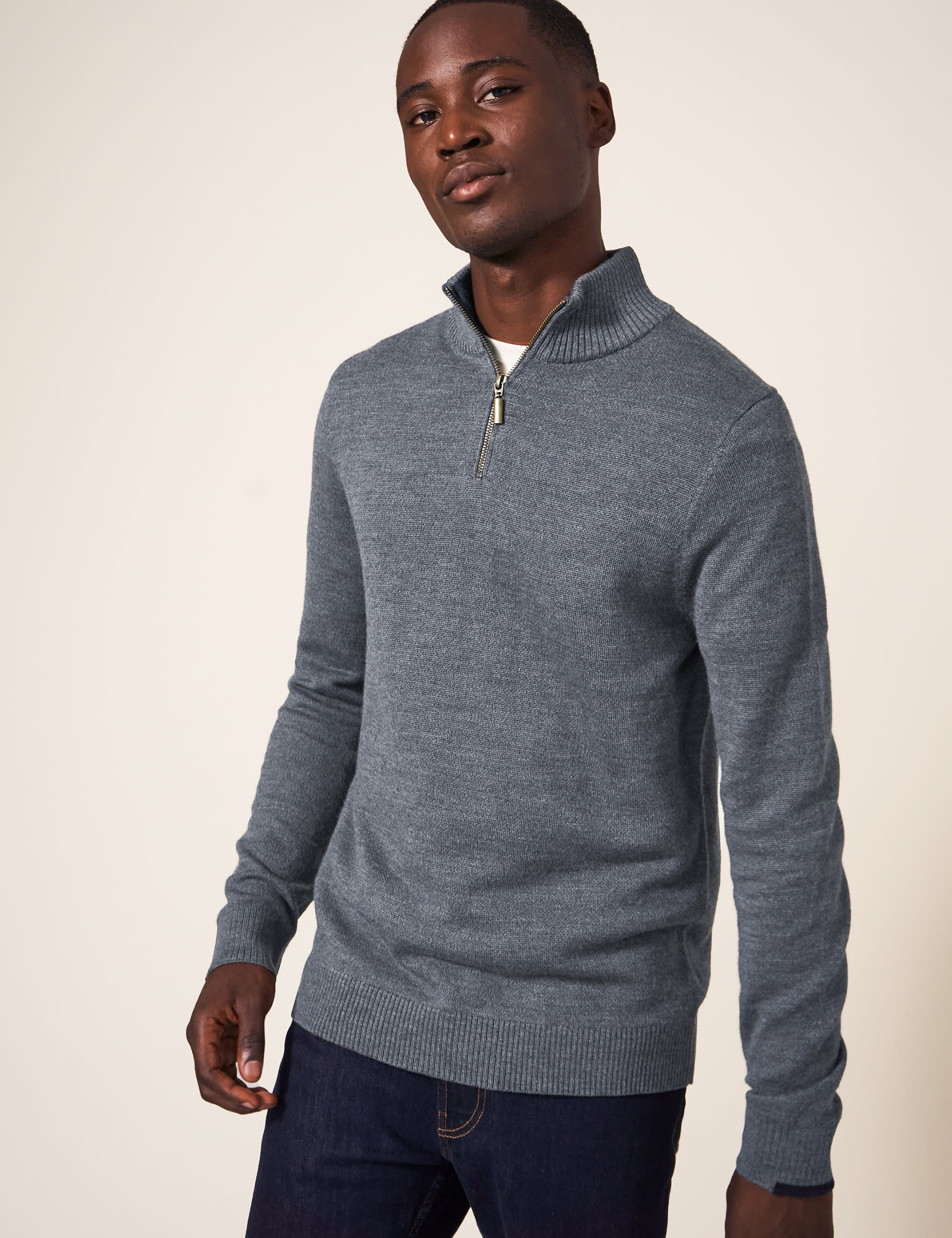 White Stuff Men's Pure Merino Wool Half Zip Jumper - S - Grey Mix, Grey Mix