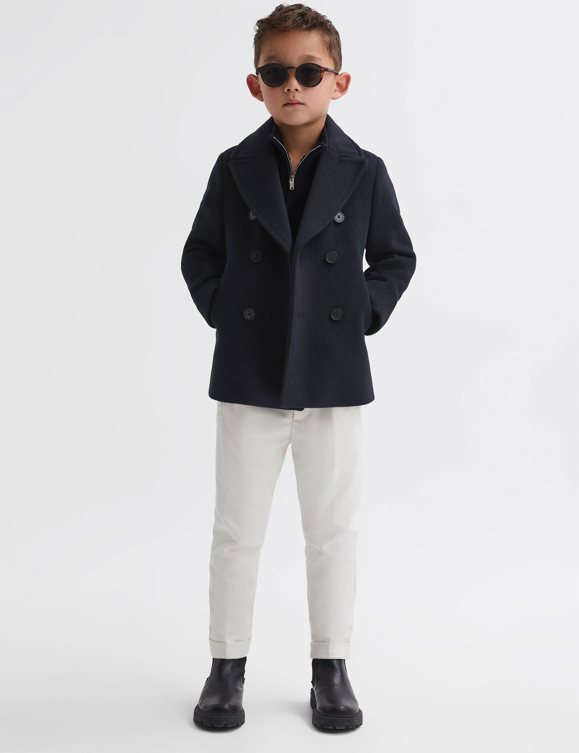 Reiss Boys Wool Blend Double Breasted Jacket (4-14 Yrs) - 8-9 Y - Dark Blue, Natural,Dark Blue