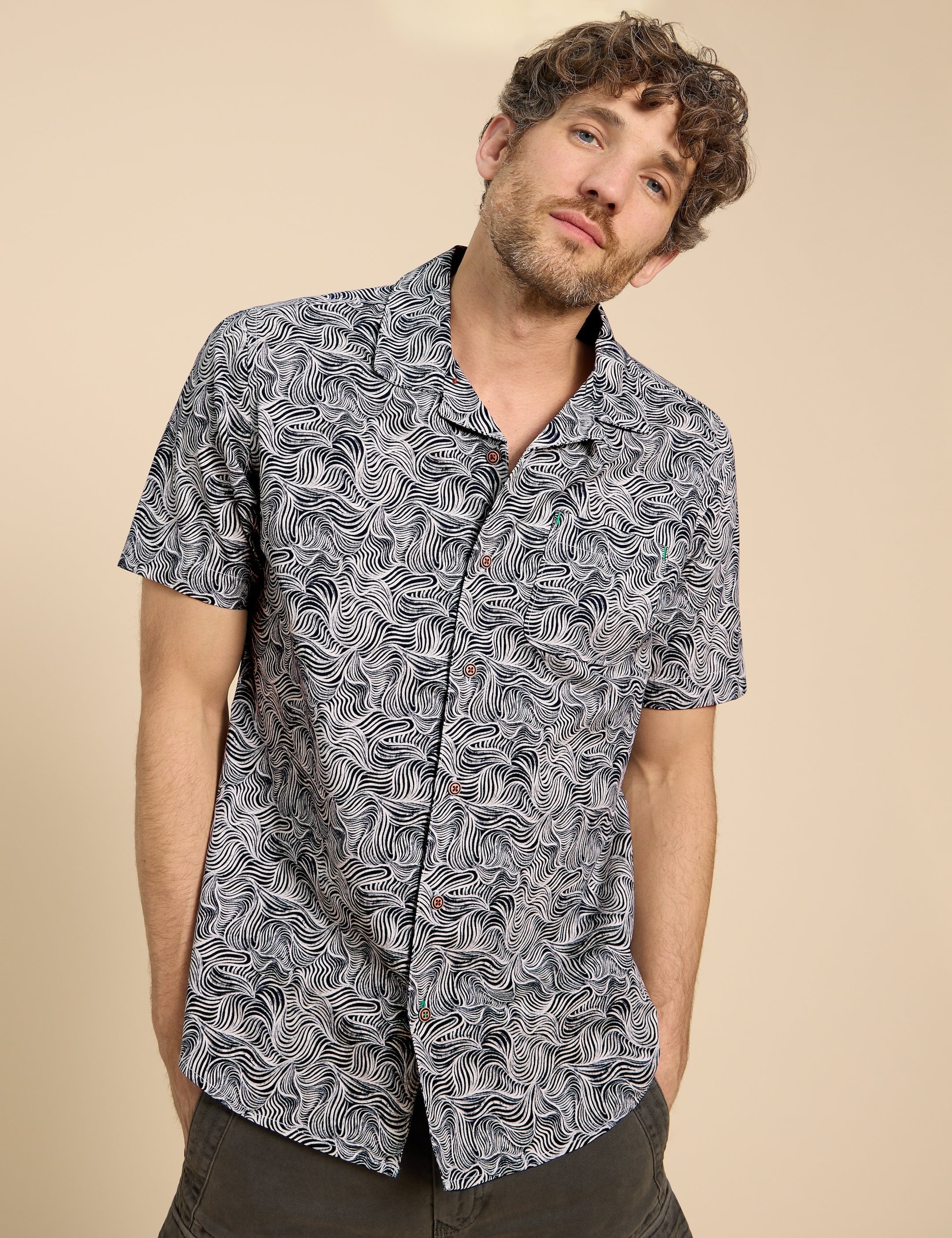 White Stuff Men's Slim Fit Cotton Rich Printed Shirt - XXL - Navy Mix, Navy Mix