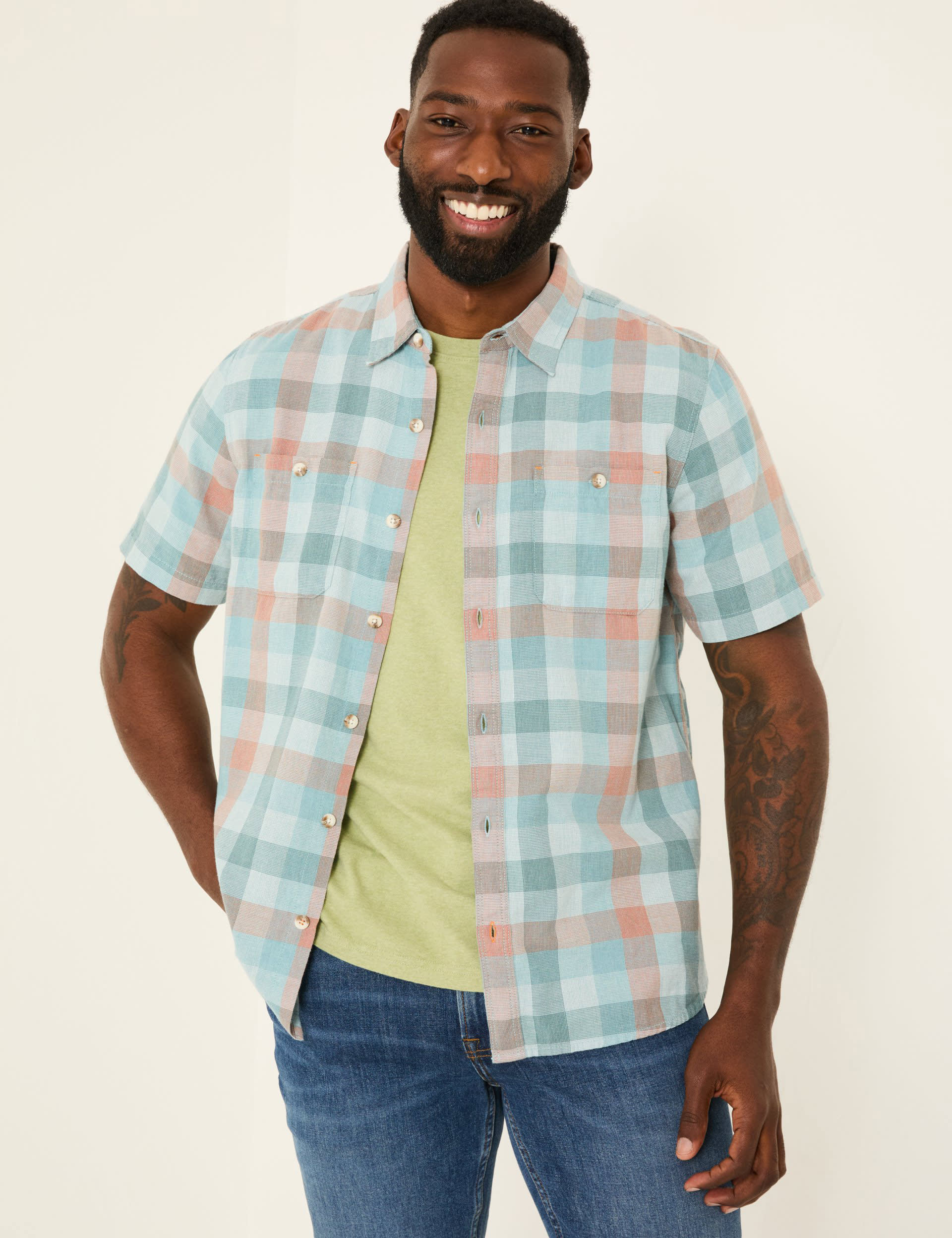 Fatface Men's Pure Cotton Check Shirt - MREG - Blue Mix, Blue Mix