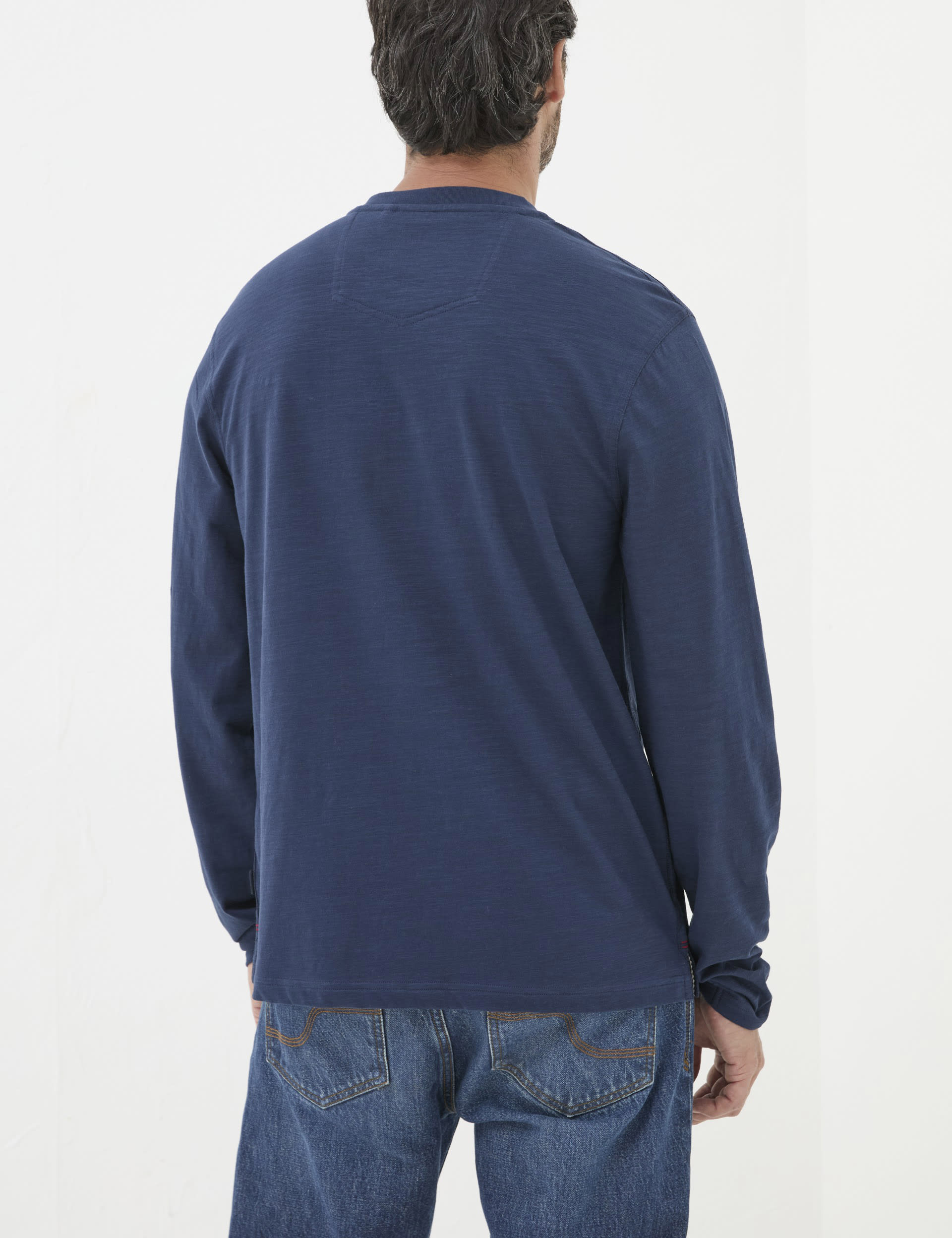 Fatface Men's Pure Cotton Henley Long Sleeve Top - XSREG - Navy, Navy,Orange