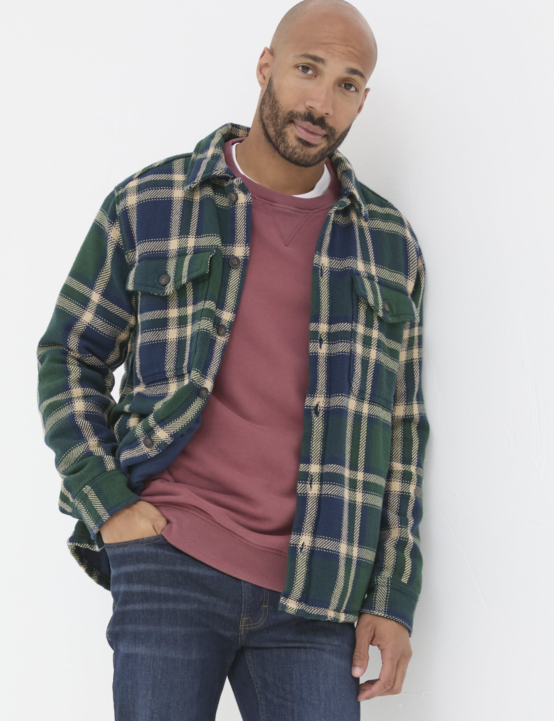 Fatface Men's Pure Cotton Check Overshirt - XSREG - Green Mix, Green Mix