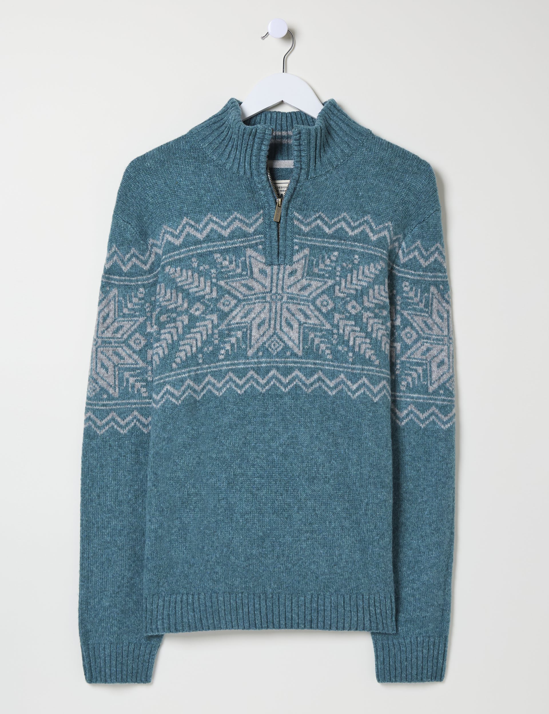 Fatface Men's Snowflake Half Zip Jumper with Wool - LREG - Teal, Teal