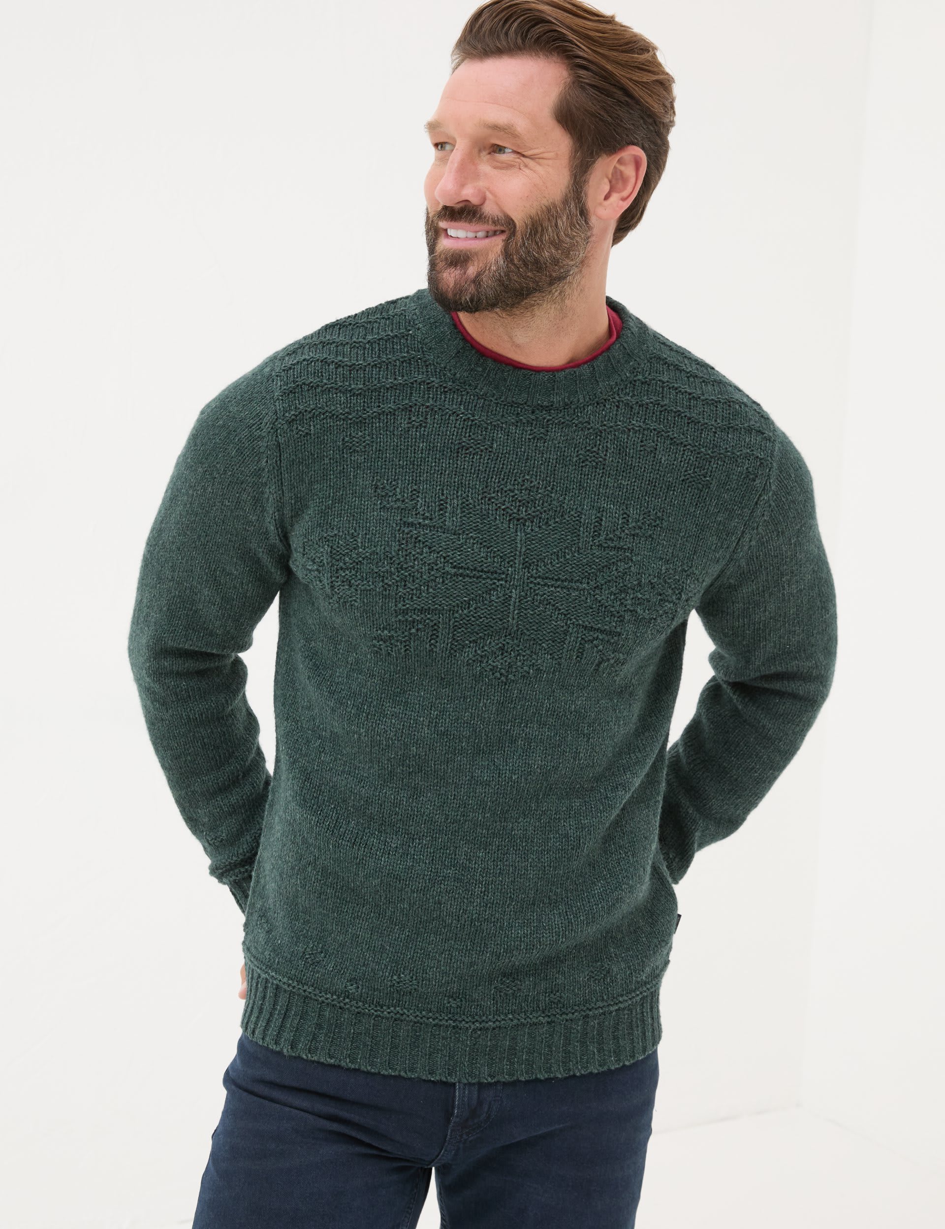 Fatface Men's Wool Blend Snowflake Jumper - MREG - Dark Green Mix, Dark Green Mix