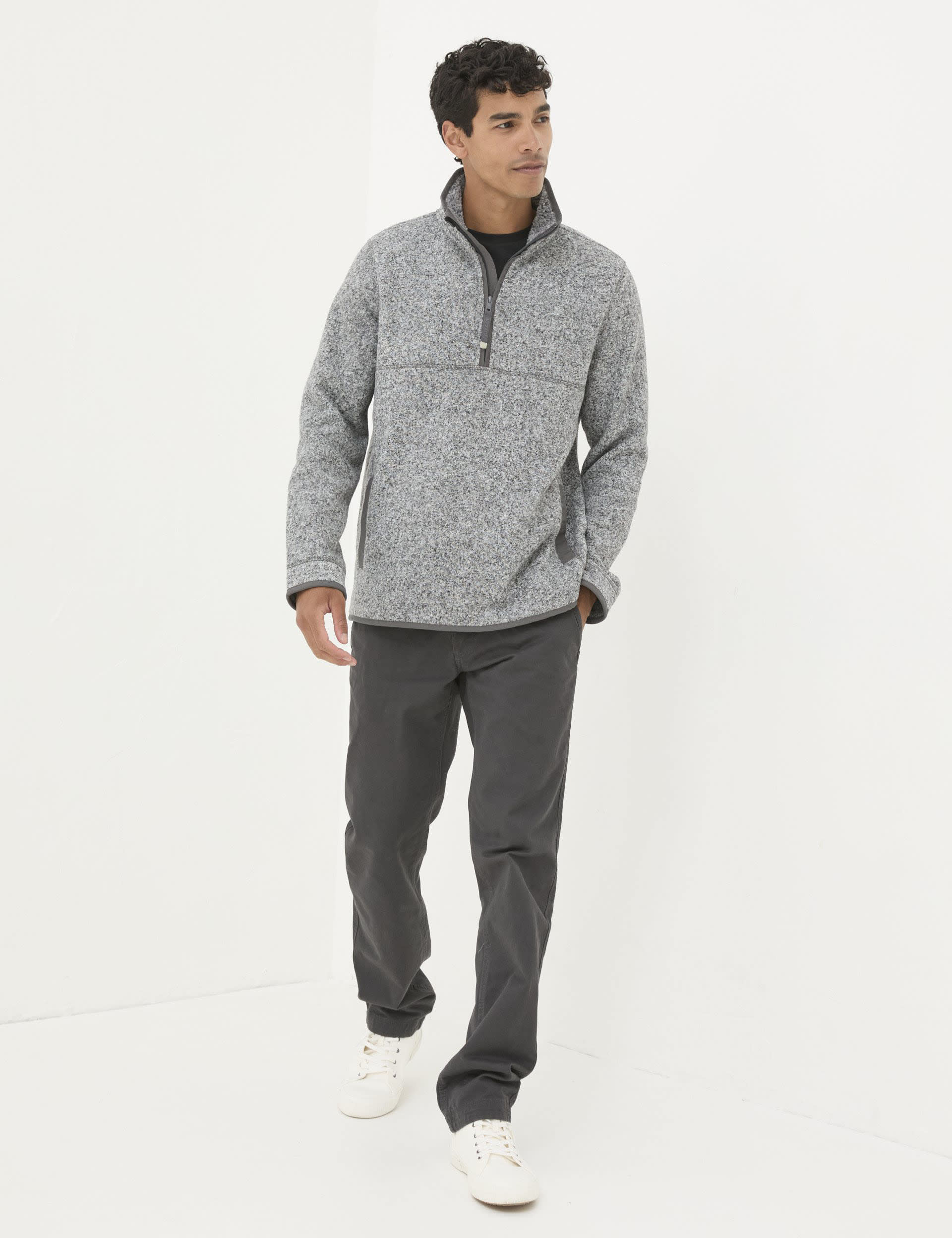 Fatface Men's Funnel Neck Half Zip Sweatshirt - MREG - Grey Marl, Burnt Orange,Grey Marl