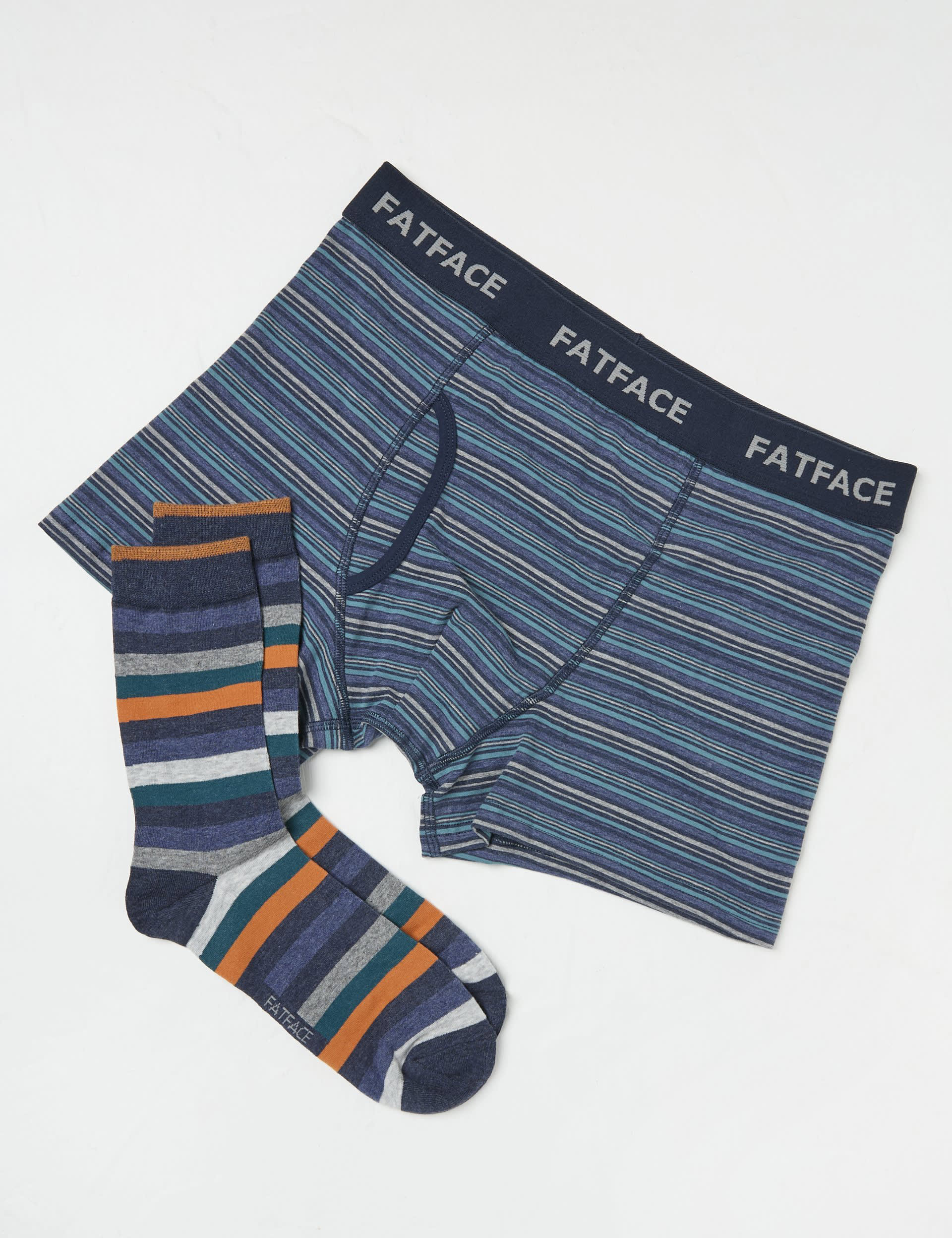 Fatface Men's 2pc Cotton Rich Striped Boxers & Socks Set - XL - Navy, Navy