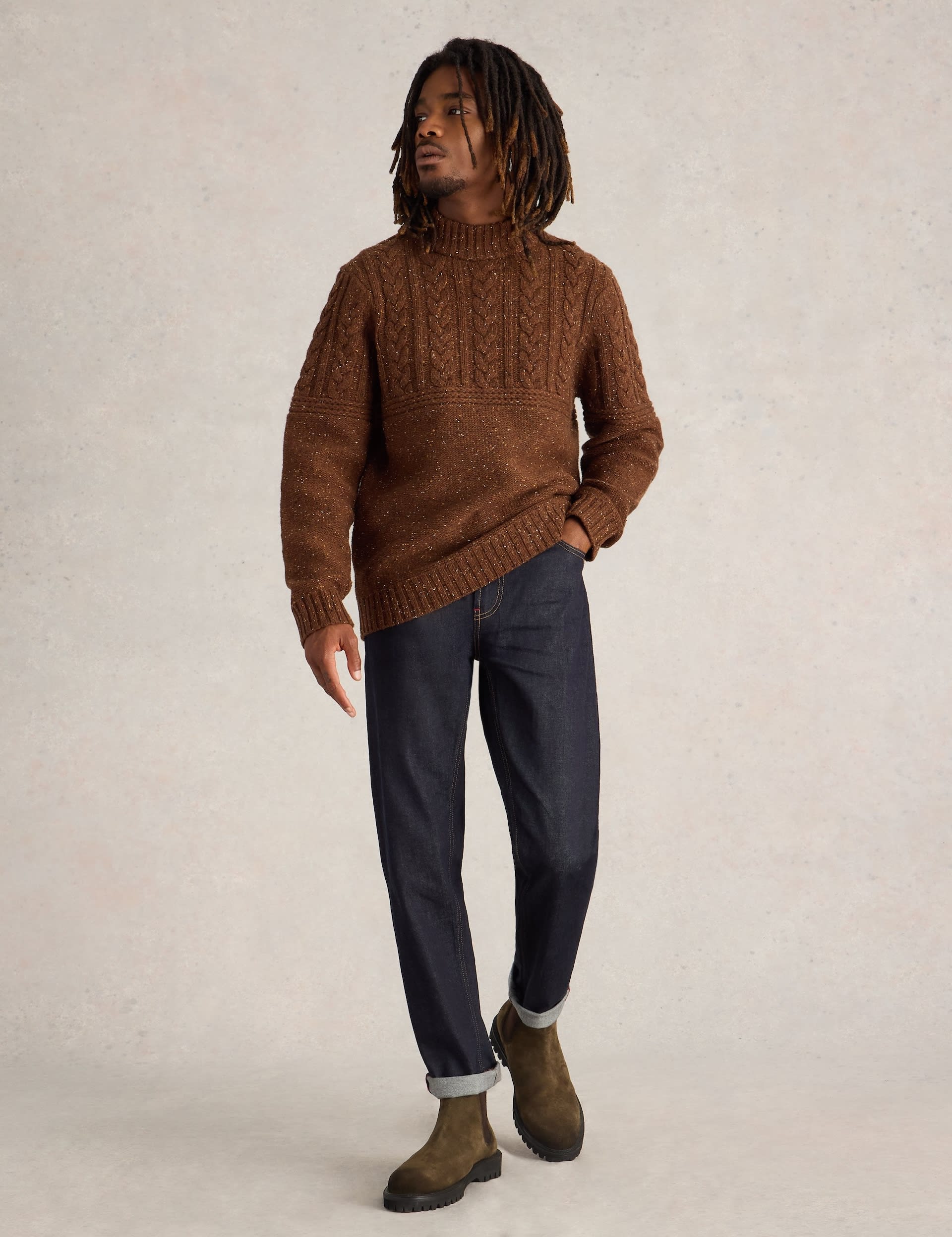 White Stuff Men's Wool Rich Cable Crew Neck Jumper - Brown Mix, Brown Mix,Purple Mix