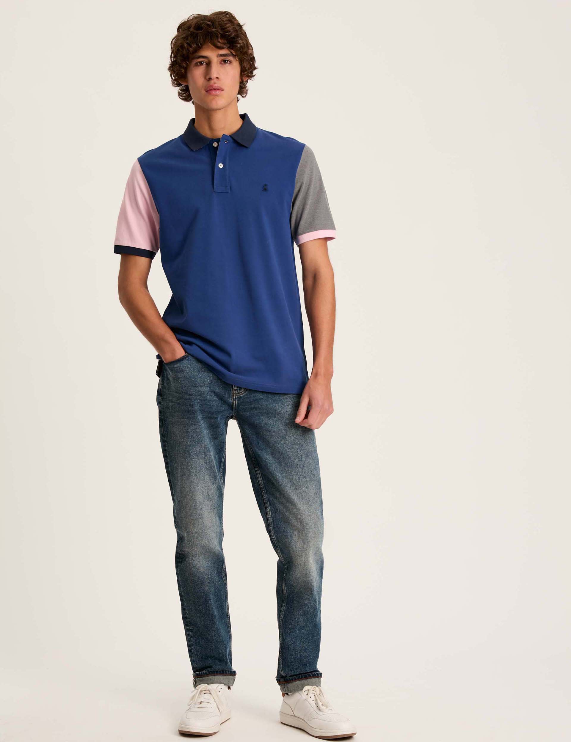 Joules Men's Pure Cotton Colour Block Polo Shirt - Blue Mix, Blue Mix