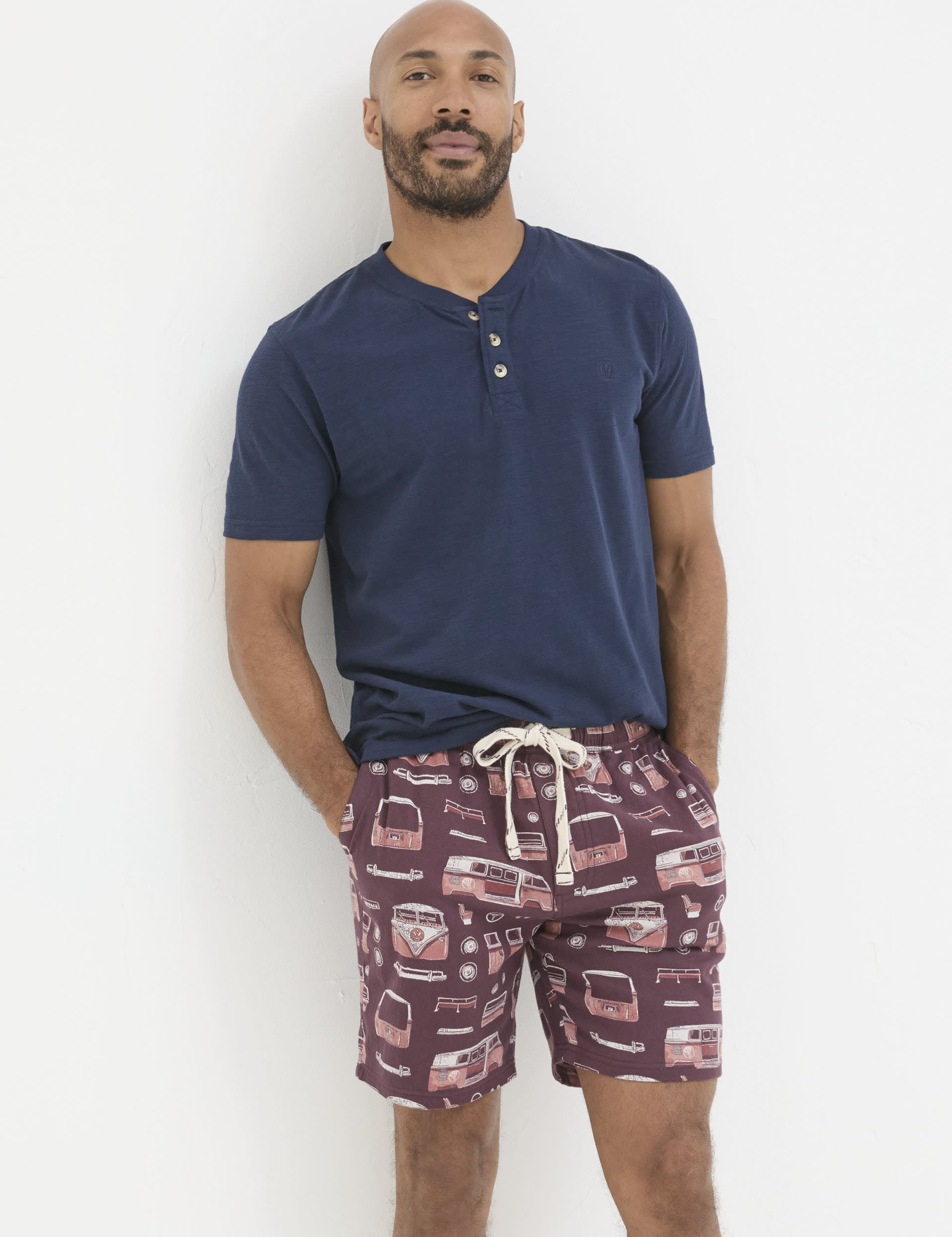 Fatface Men's Pure Cotton VW Camper Print Pyjama Shorts - SREG - Dark Red, Dark Red