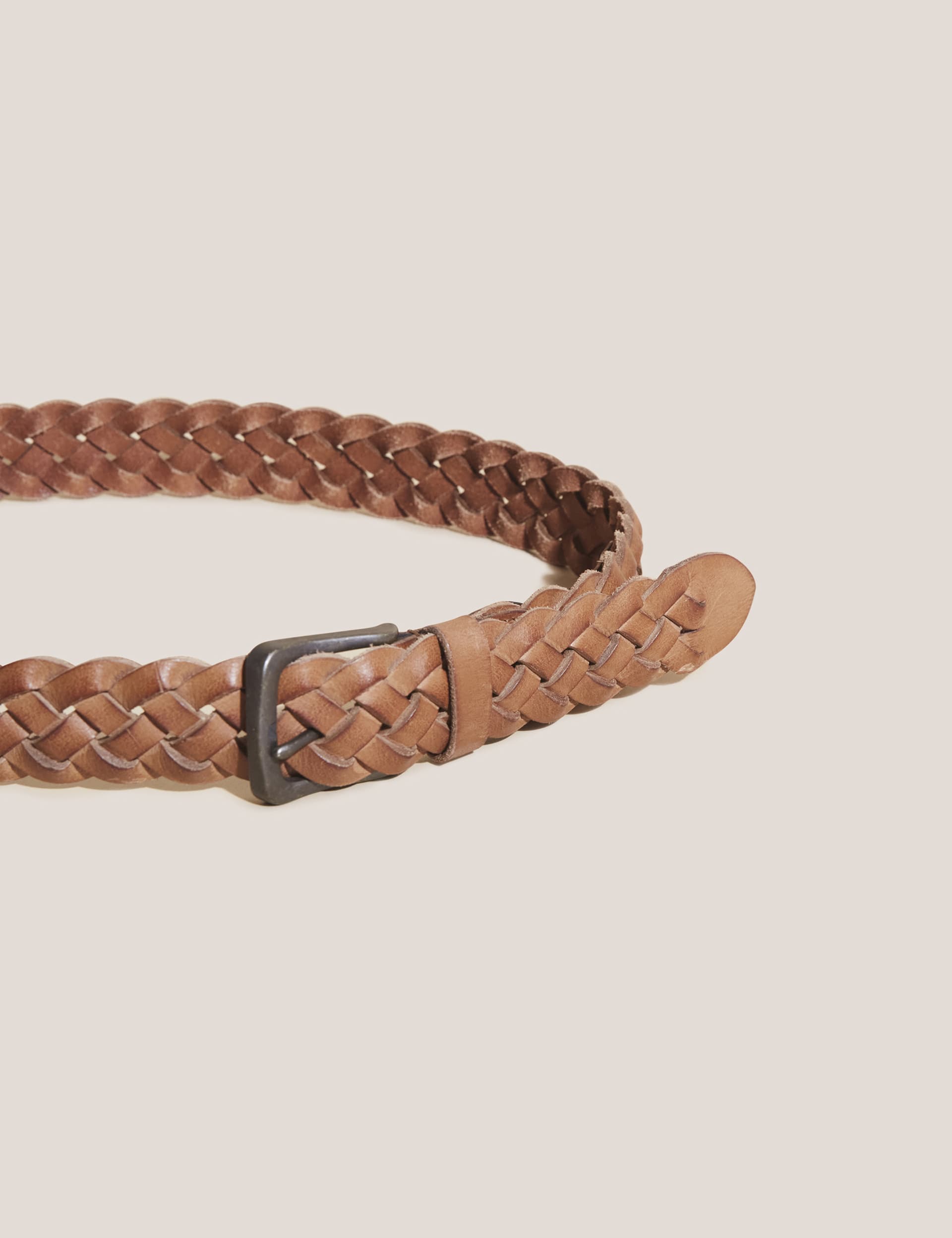 White Stuff Men's Leather Plaited Belt - S-M - Tan, Tan