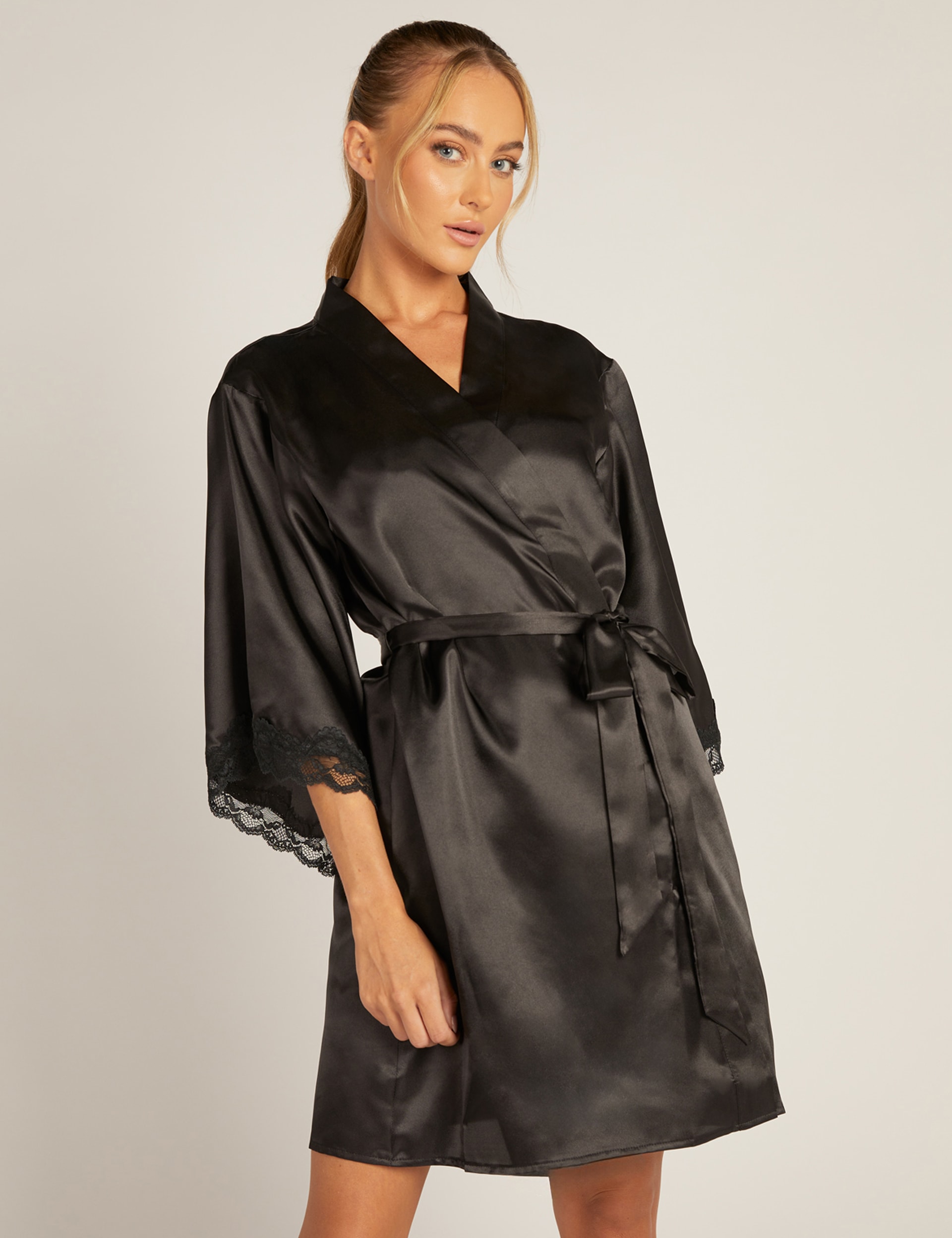 Boux Avenue Women's Amelia Satin Lace Trim Short Robe - Black, Black