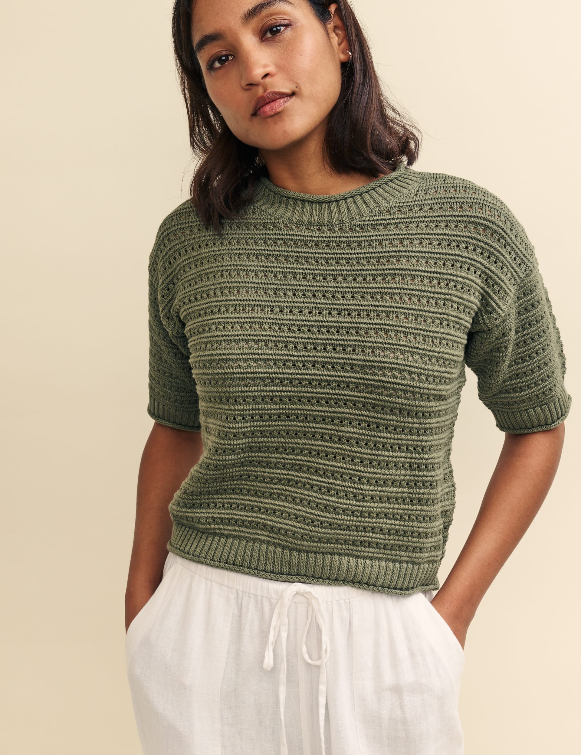 Nobody'S Child Women's Pure Cotton Knitted Top - L - Khaki, Khaki,Cream