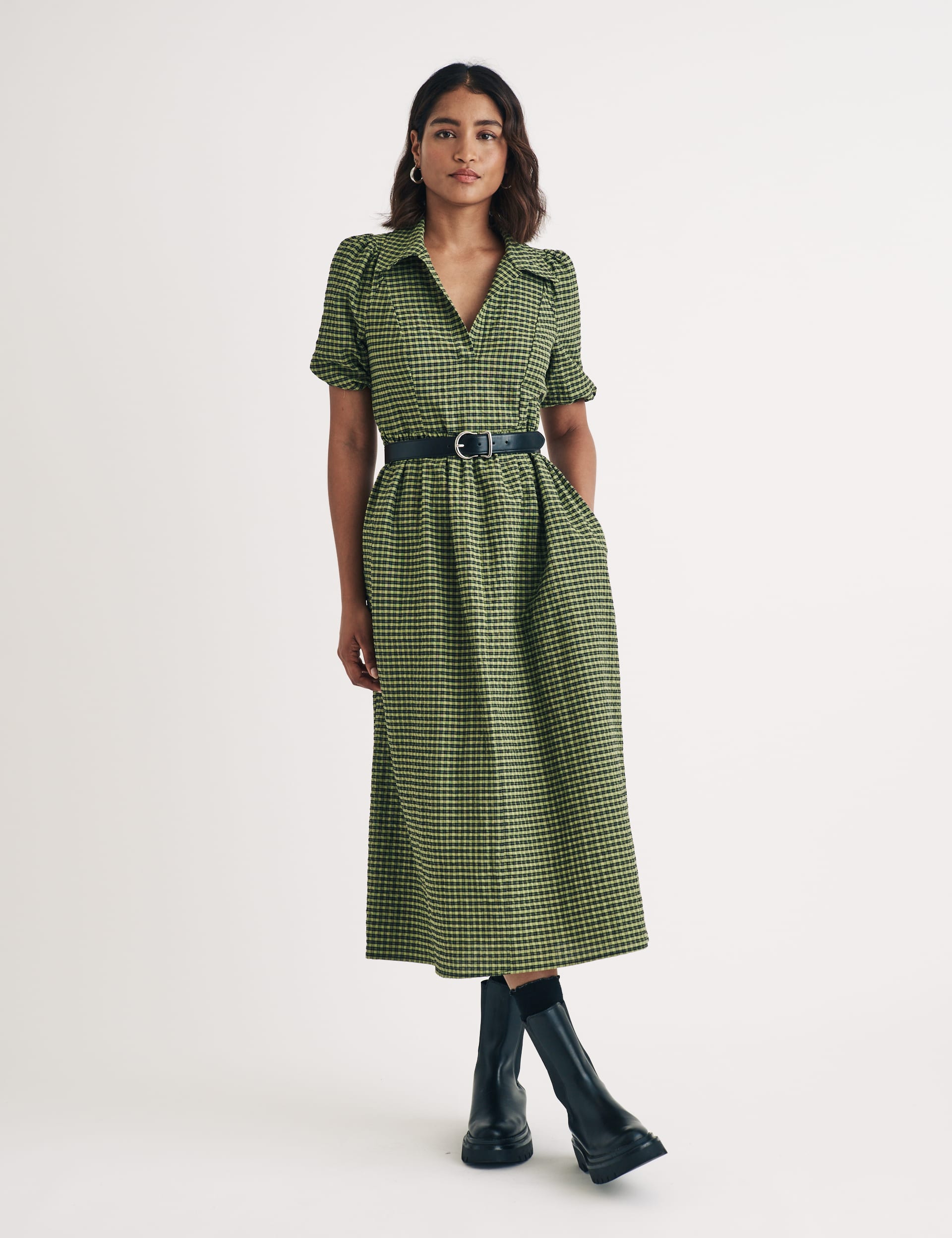 Nobody'S Child Women's Cotton Rich Checked Midaxi Waisted Dress - 12 - Green Mix, Green Mix